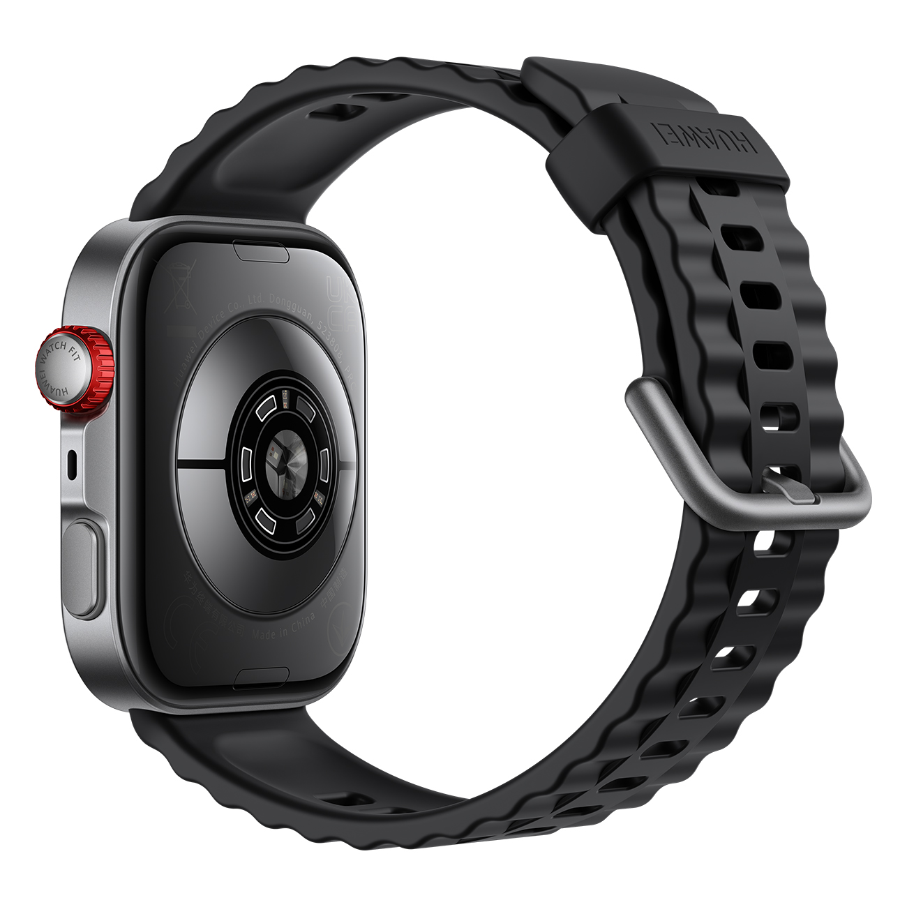 Eine silberne Smartwatch mit schwarzem Armband. Die Uhr befindet sich auf weißem Hintergrund.