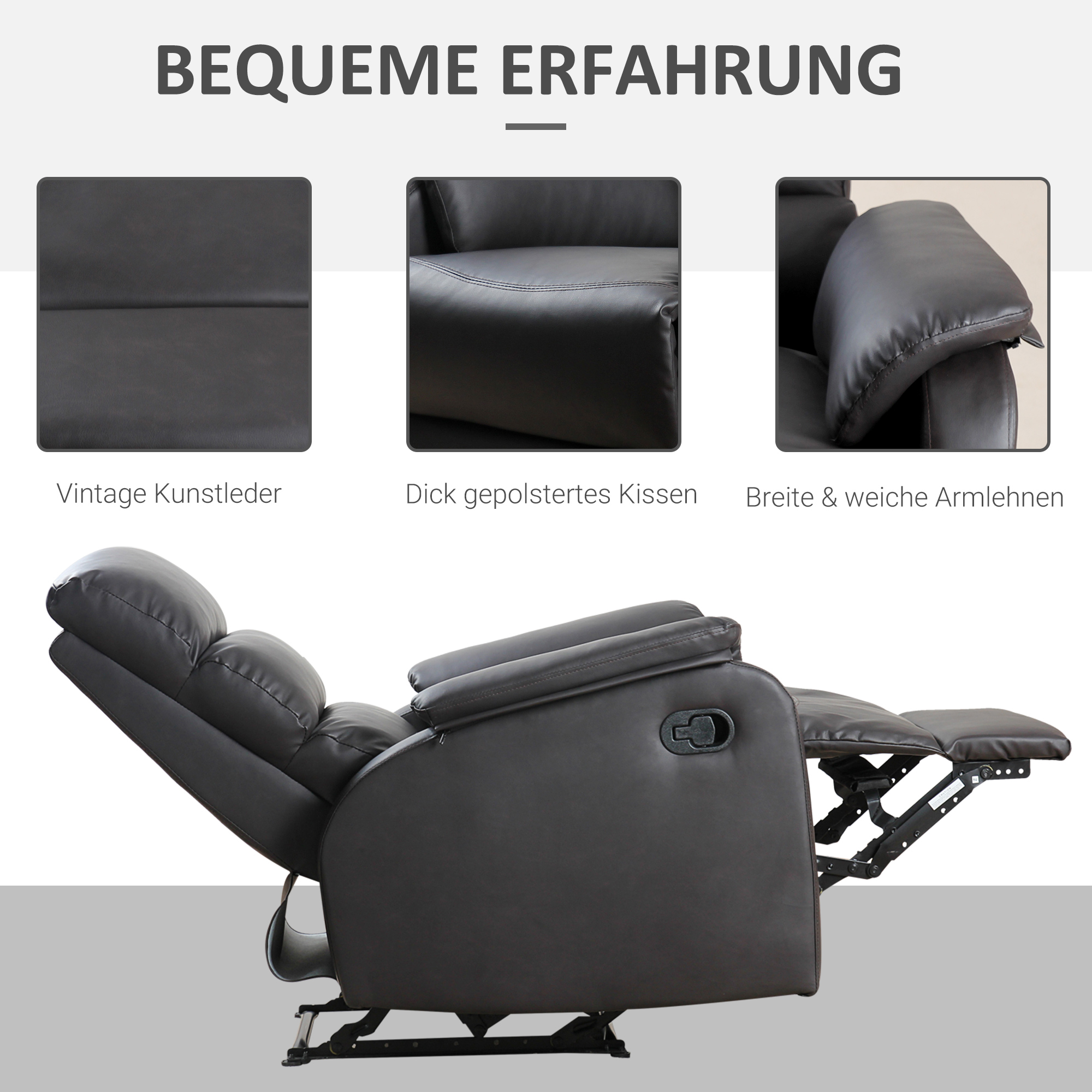 Liegesessel mit Lederdetails. Nahaufnahmen von Leder und Armlehne.