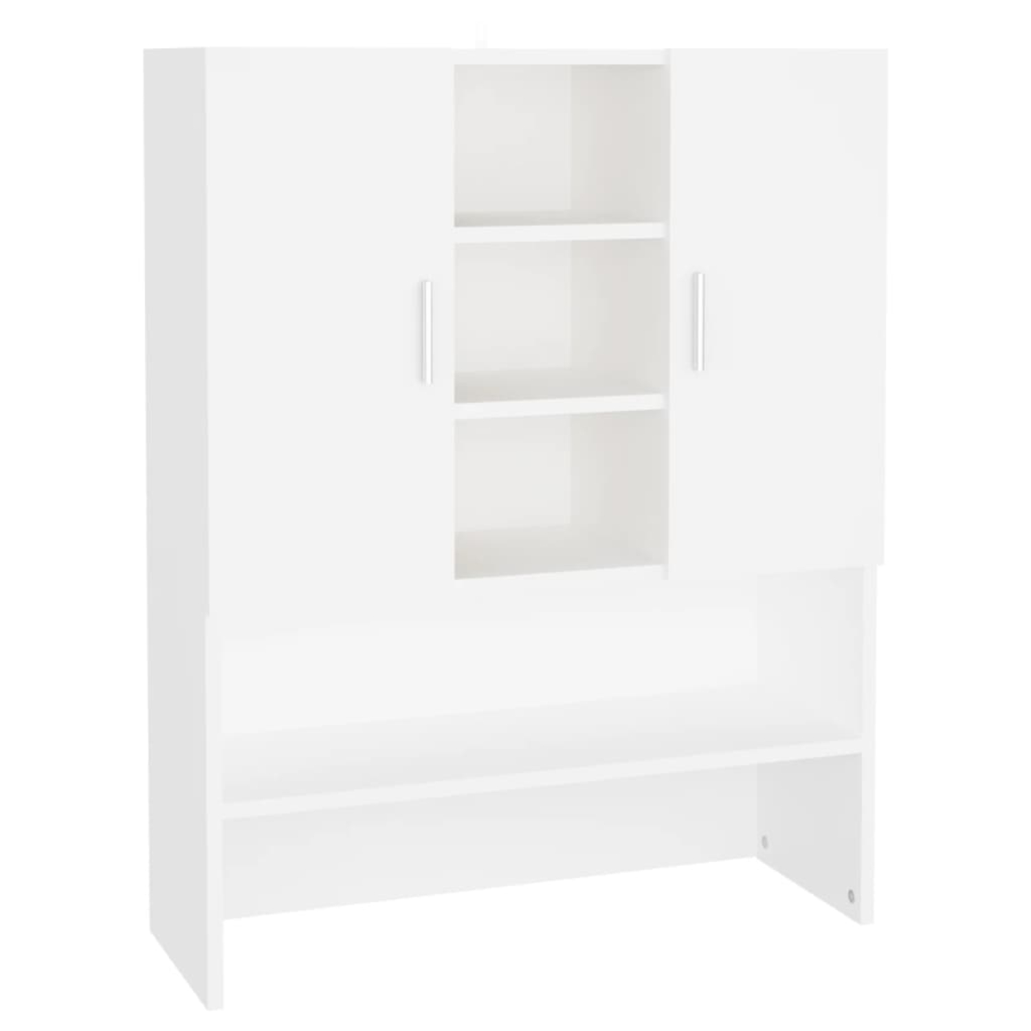 Weißer Schrank mit Türen und Regalen. Ein kleines Regal ist mittig über den Regalen angeordnet.