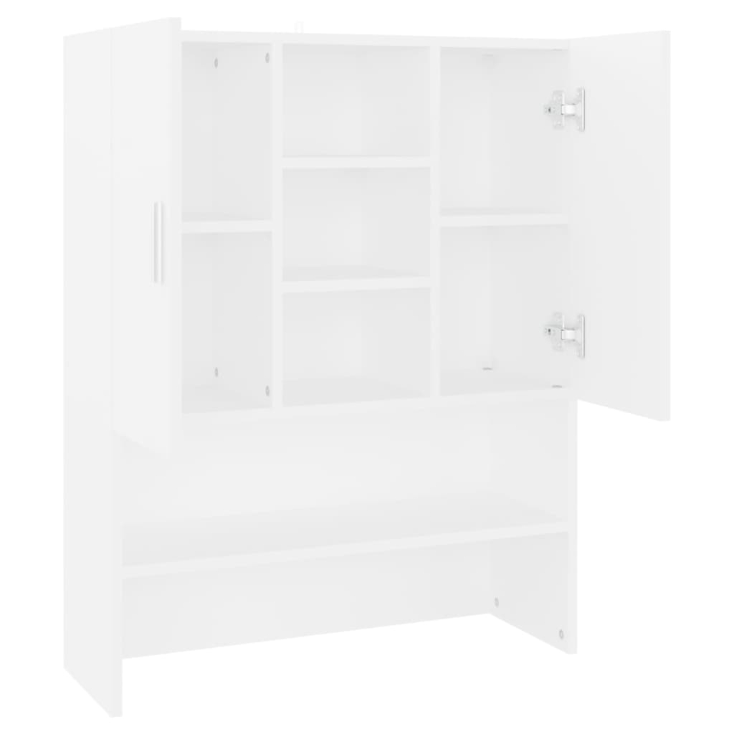 Weißer Schrank mit offenen Türen, der Regale freilegt. Der Schrank hat ein einfaches Design und steht vor weißem Hintergrund.