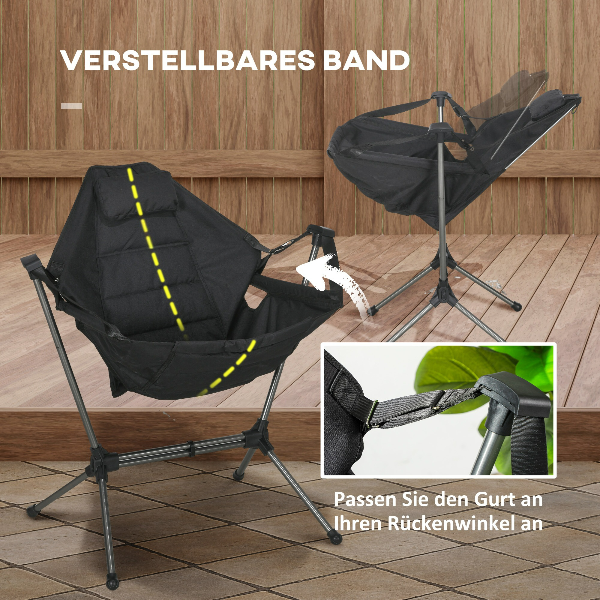 Schwarzer und silberner faltbarer Campingstuhl mit schwarzem Sitz und Rückenlehne, auf Holzterrasse.