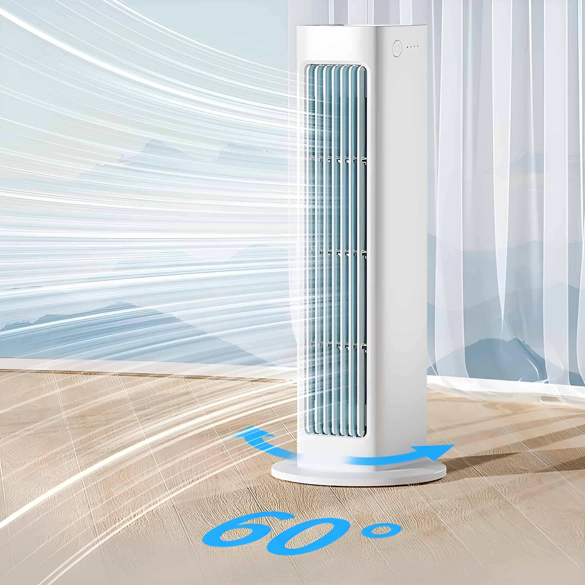 Weißer Turmventilator mit blauem Luftstromeffekt, auf Holzfußboden mit Vorhang im Hintergrund.