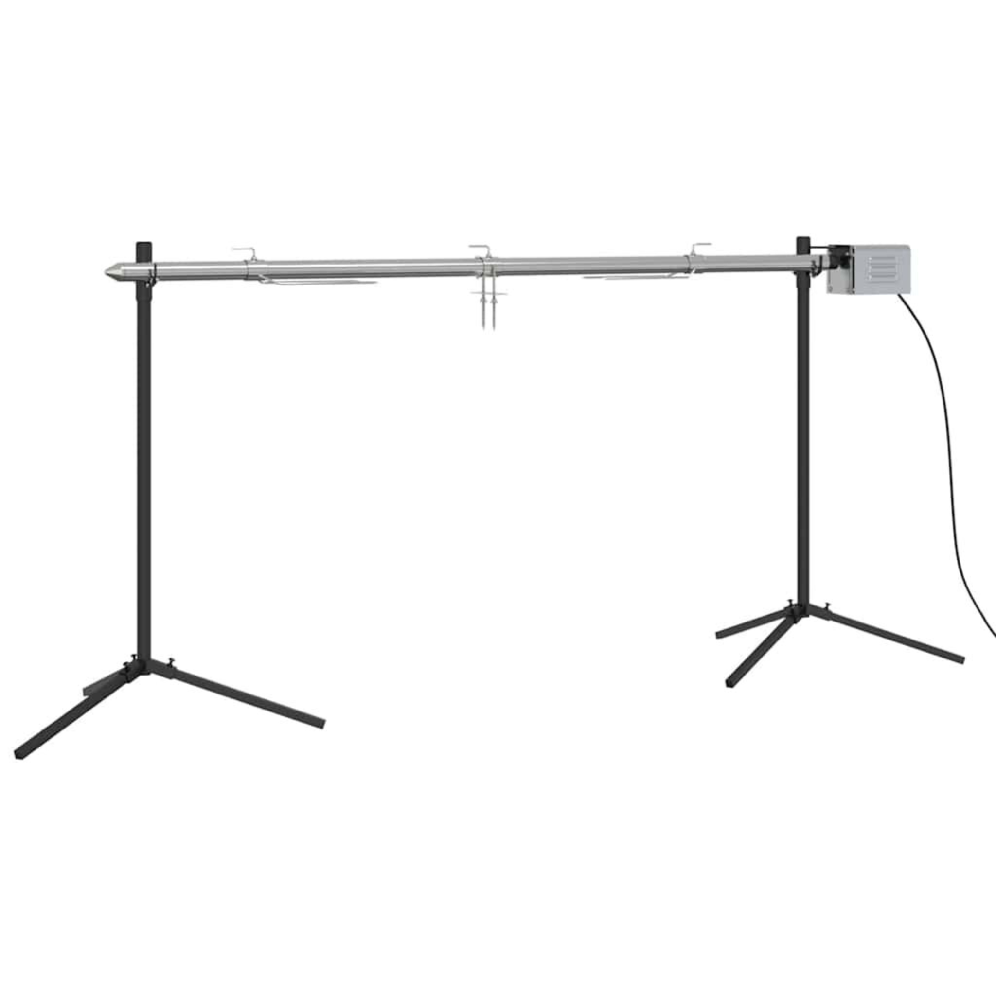 Ein Metallständer mit drei Beinen und einer horizontalen Stange mit Haken. Schwarze Beine und eine weiße Stange.