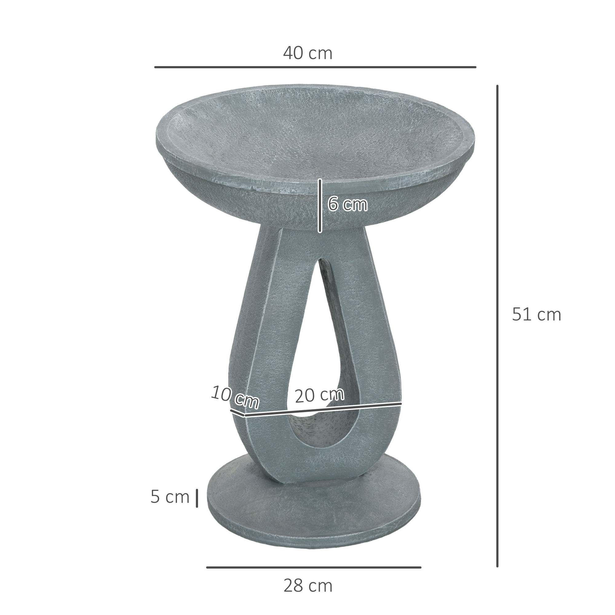 Graues Vogelbad aus Stein mit Abmessungen: 40 cm breit, 6 cm tief, 51 cm hoch und 28 cm Basisdurchmesser.