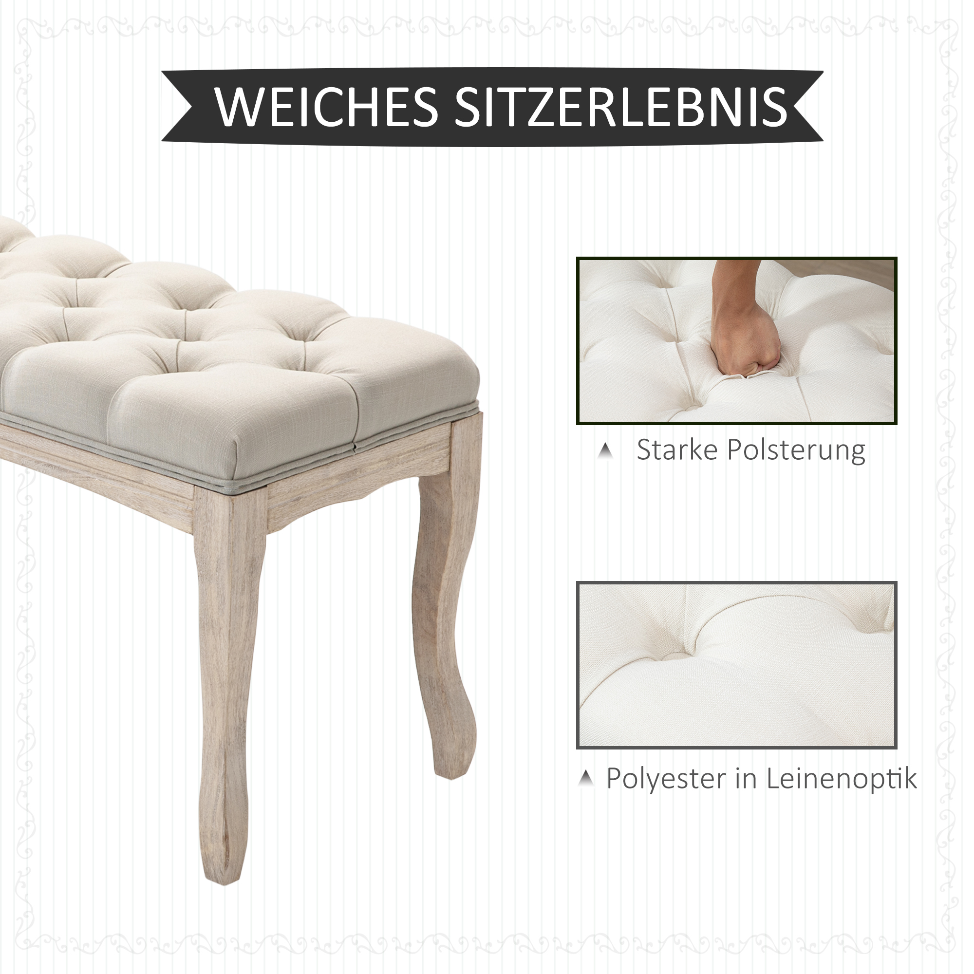 Beige gepolsterte Bank mit Holzbeinen und Nahaufnahme der getufteten Polsterung.