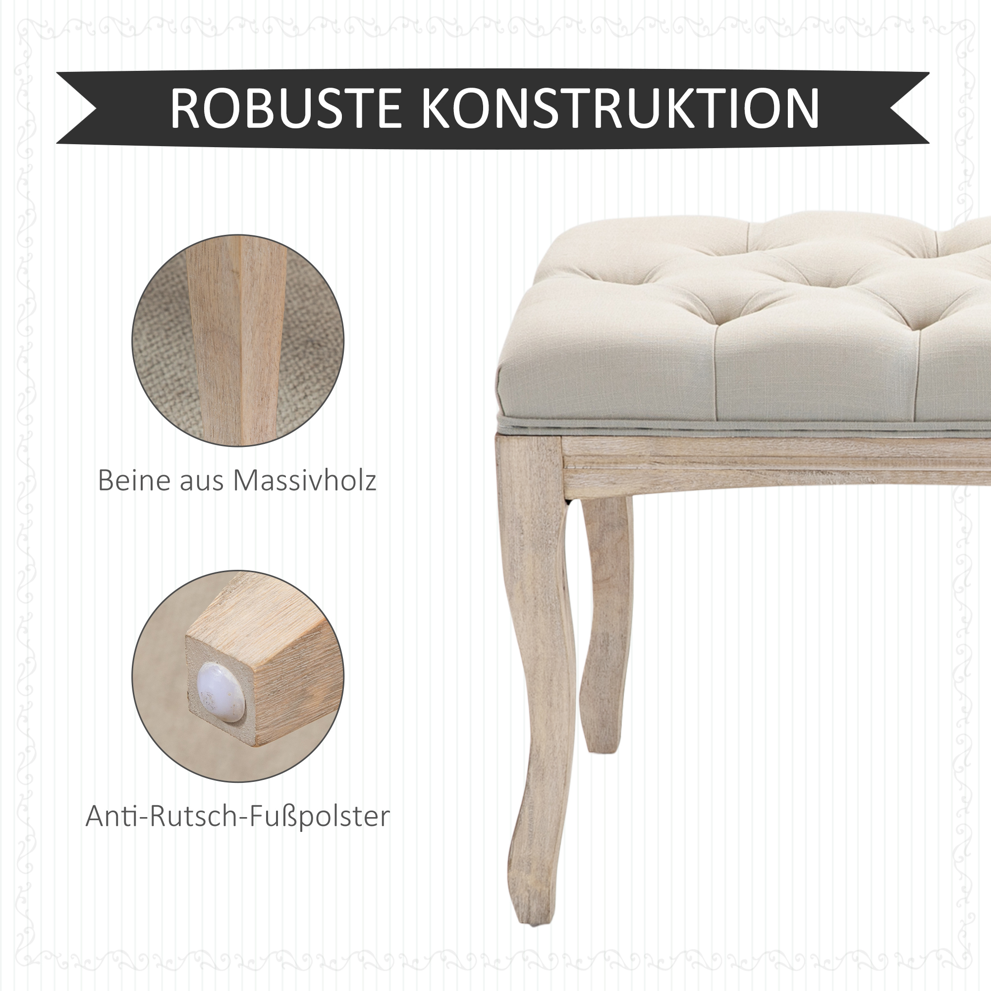 Nahaufnahme einer Bank mit beigem, getuftetem Kissen, Holzbeinen mit Anti-Rutsch-Fußpolstern.