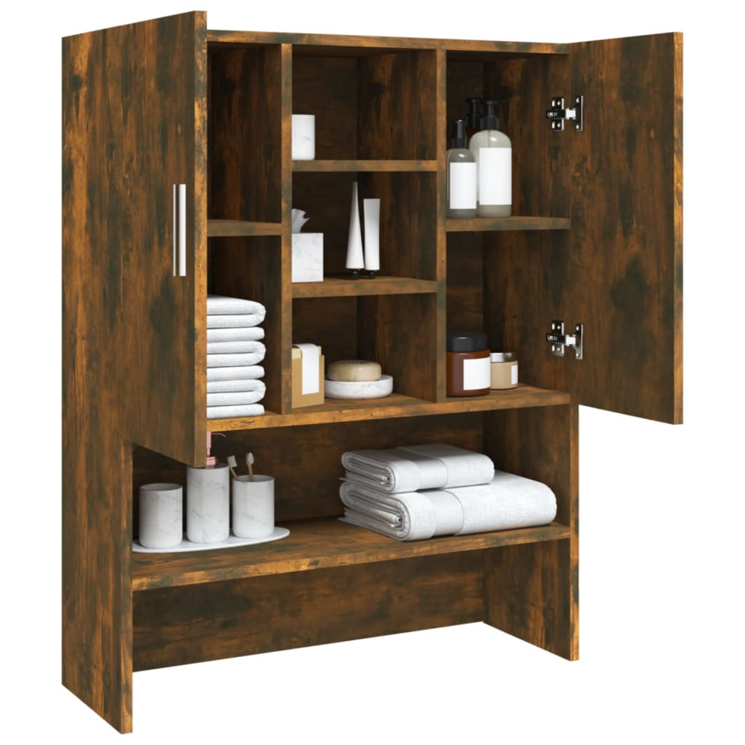 Holzschrank mit offenen Türen, Regalen und Badartikeln im Inneren.