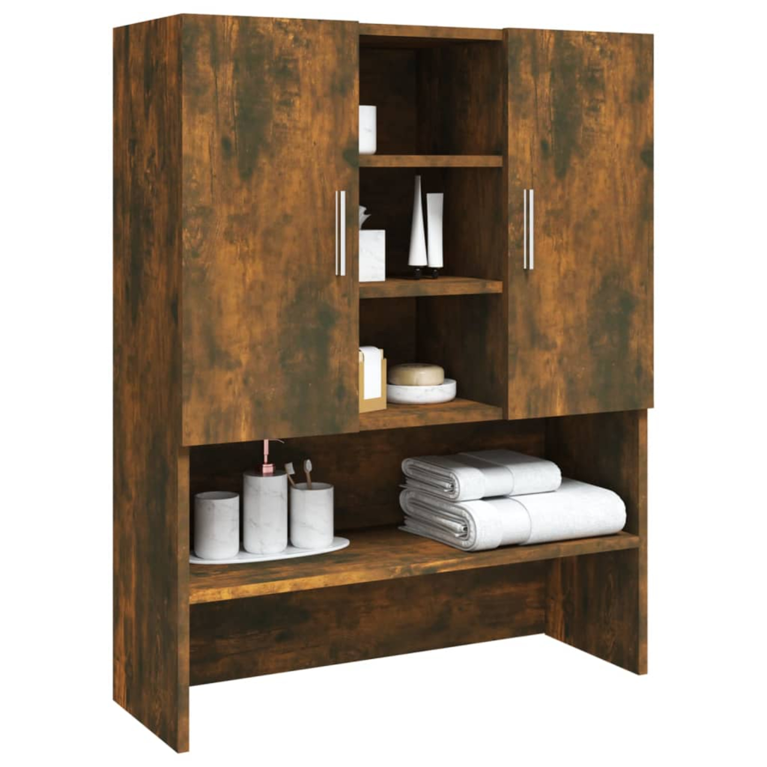 Ein Holzschrank mit Regalen. Es hat eine dunkelbraune Farbe und weiße Dekoration.