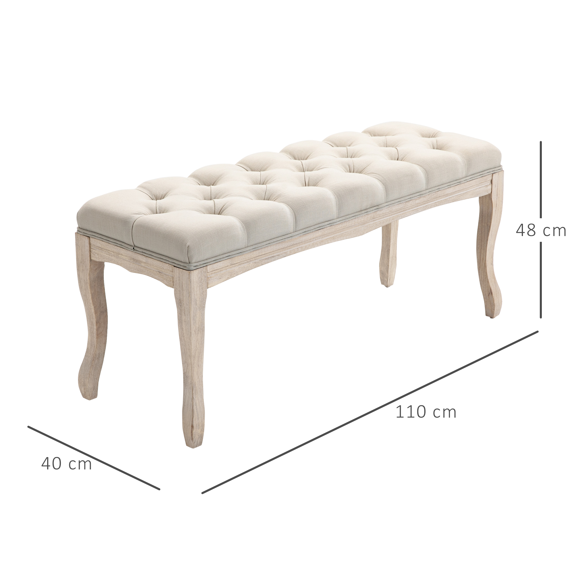 Abmessungen einer cremefarbenen, getufteten Bank: 40 cm Breite, 110 cm Länge, 48 cm Höhe.