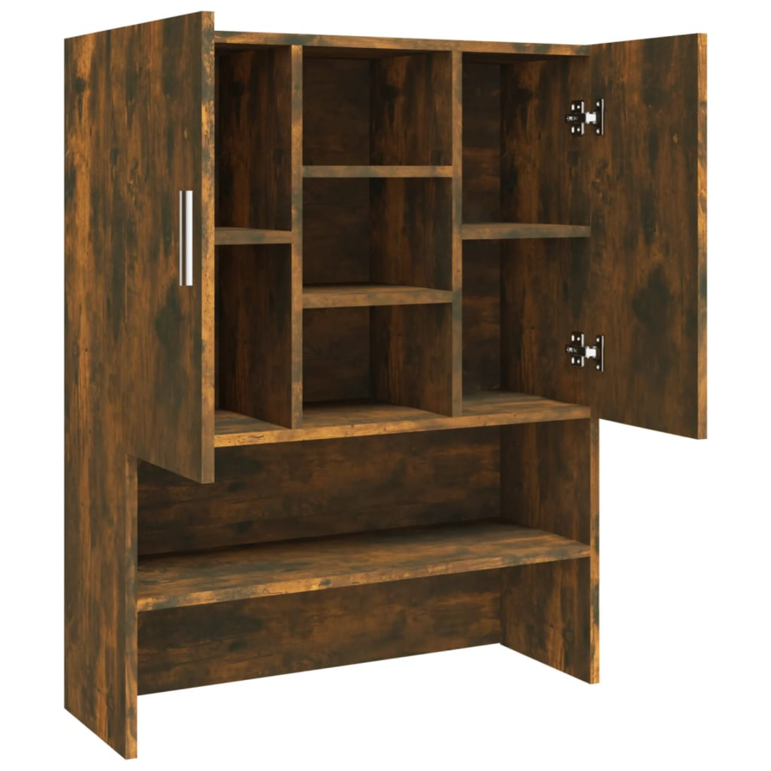 Holzschrank mit offenen Türen, Regalen, braune Farbe, weißer Hintergrund.