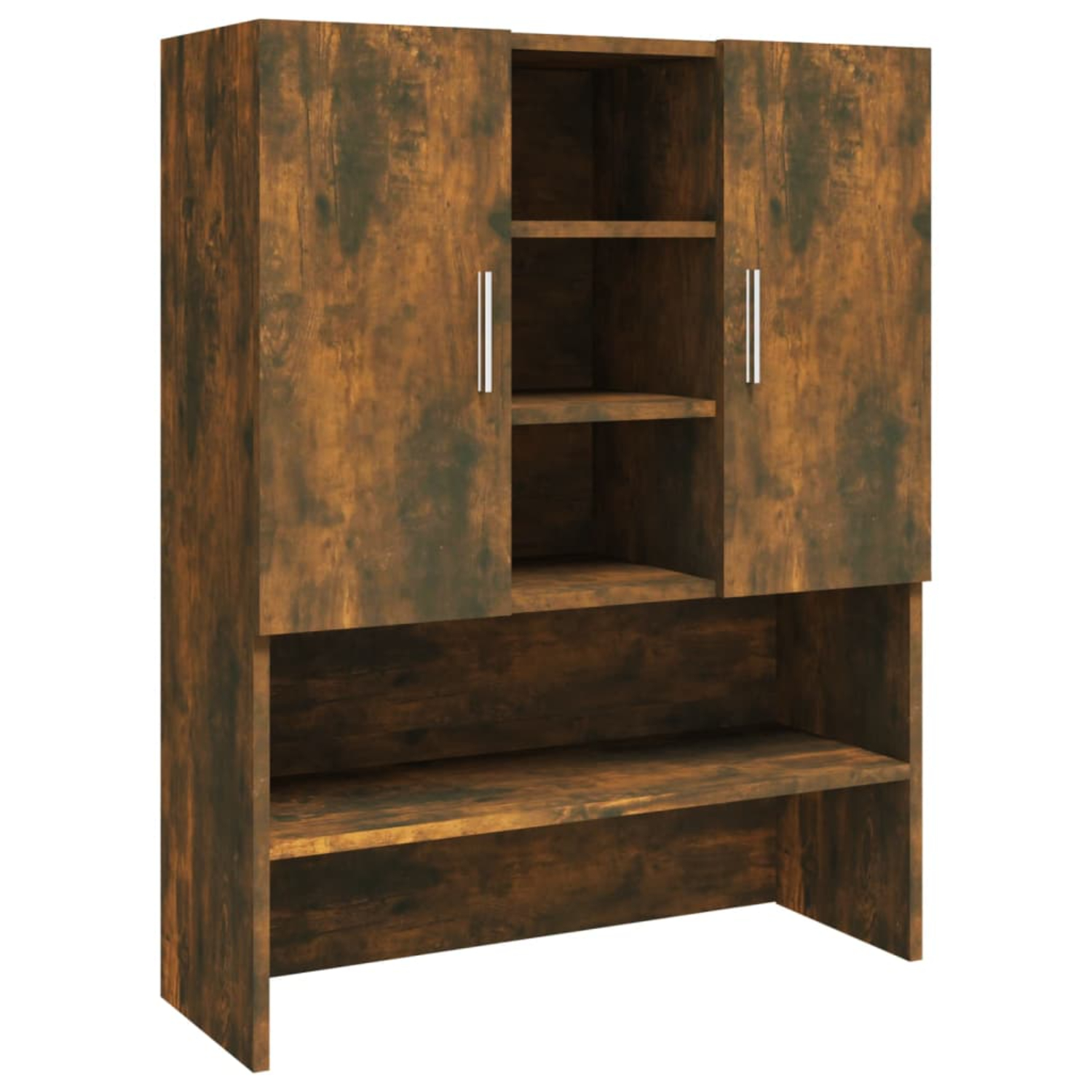 Holzschrank, braune Farbe, mit zwei Türen und Regalen, weißer Hintergrund.
