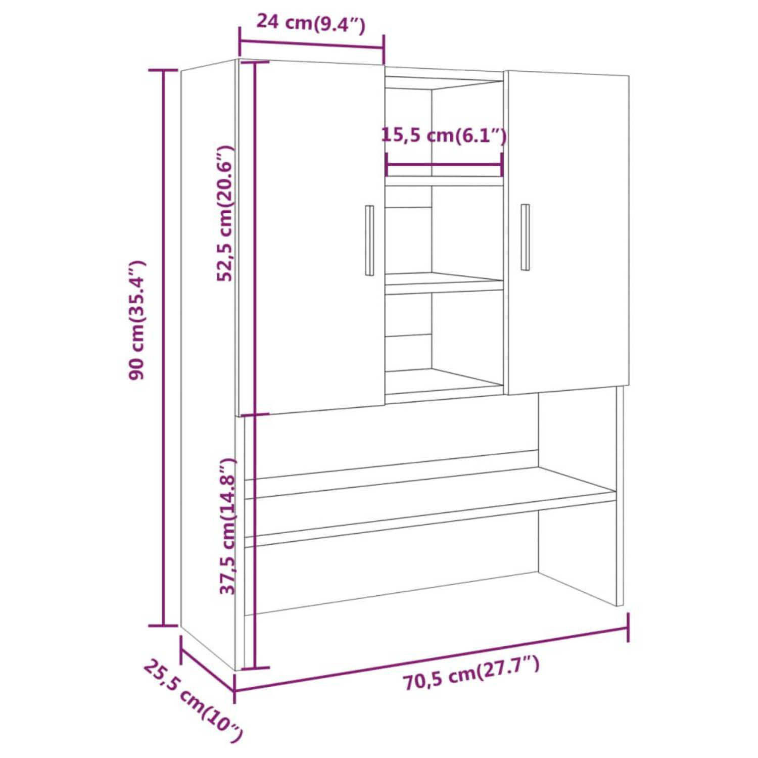 Ein Schrank mit zwei Türen, einem Regal und Messungen, die mit Pfeilen gekennzeichnet sind, in einem weißen Innenraum.