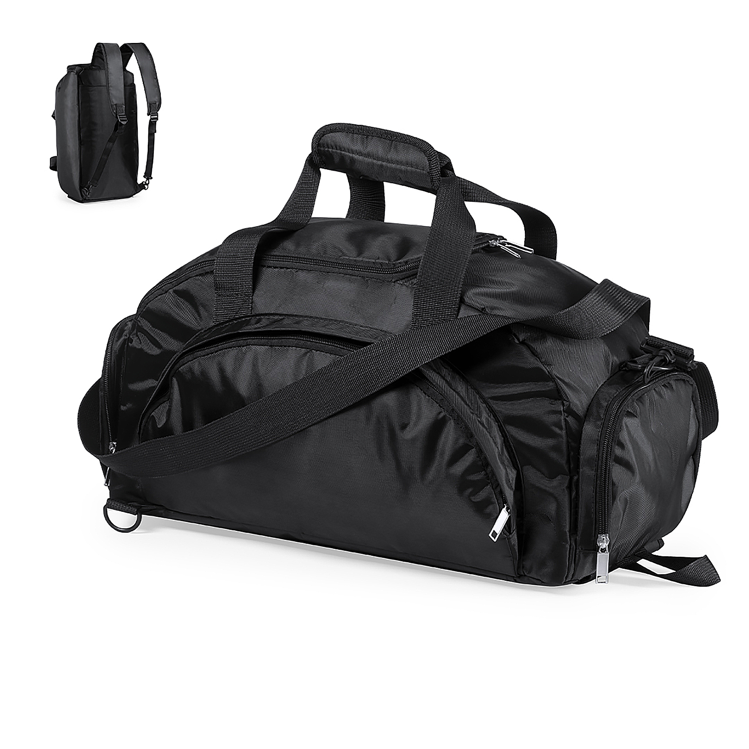 Bolsa de lona negra con correas extra y bandolera, fondo blanco.
