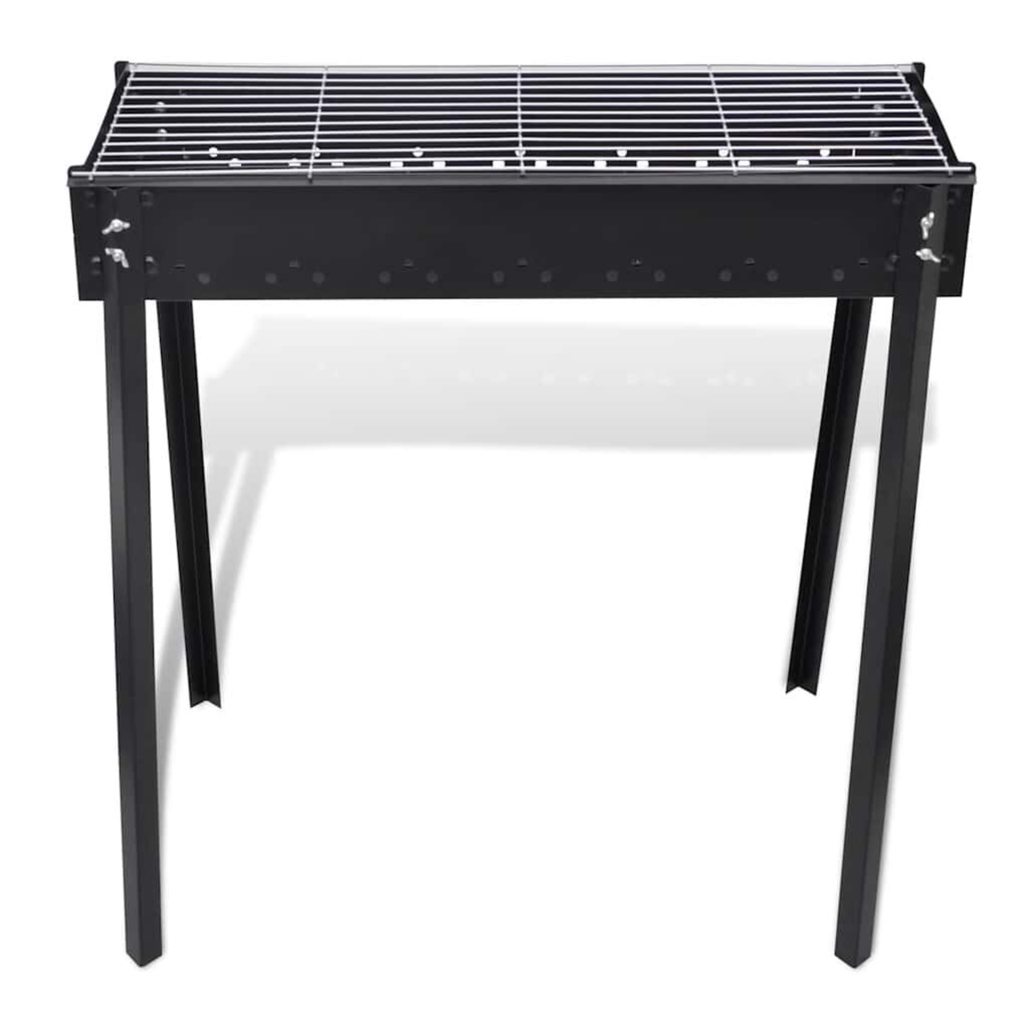 Schwarzer Metall-Holzkohlegrill mit rechteckigem Design und vier Beinen, von vorne gesehen.