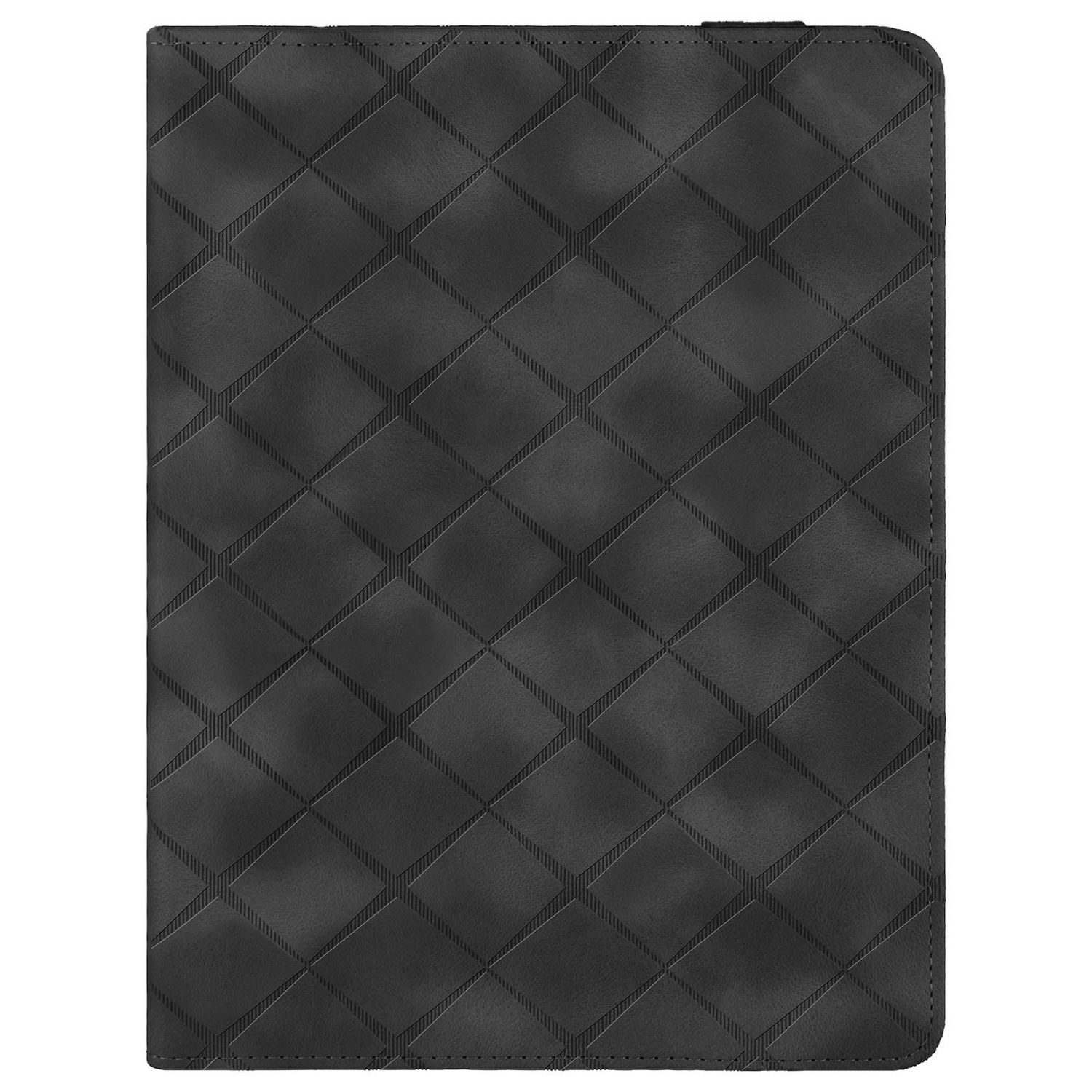 Una funda negra para tableta con un patrón de diamantes texturizado, vista desde arriba.