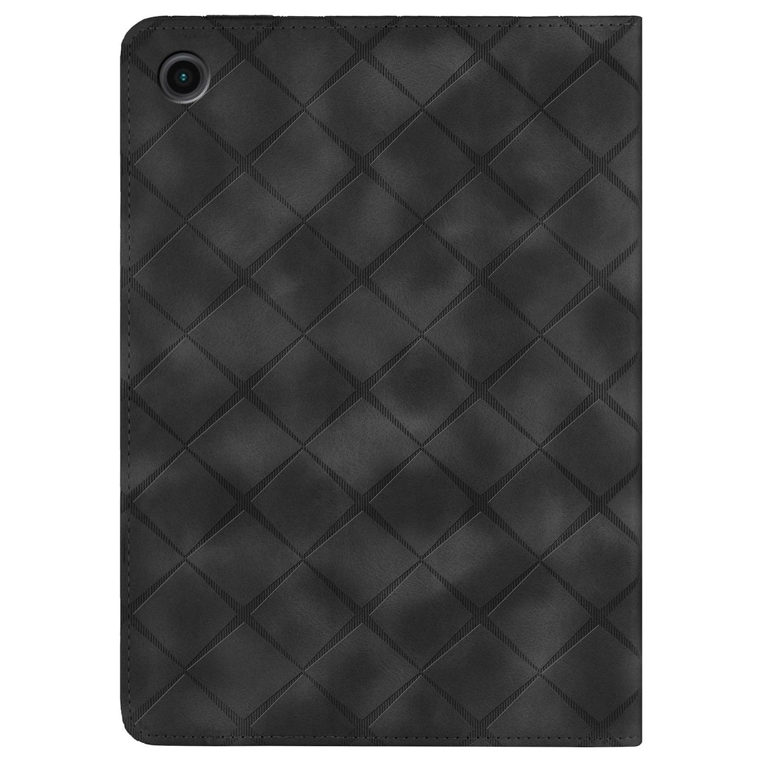 Una tableta negra con una funda con patrón de diamantes y una lente de cámara en la esquina superior izquierda.