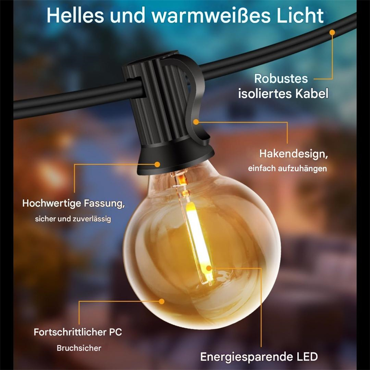 Nahaufnahme einer Glühbirne mit leuchtendem Glühfaden. Es gibt hervorgehobene Etiketten mit Text.