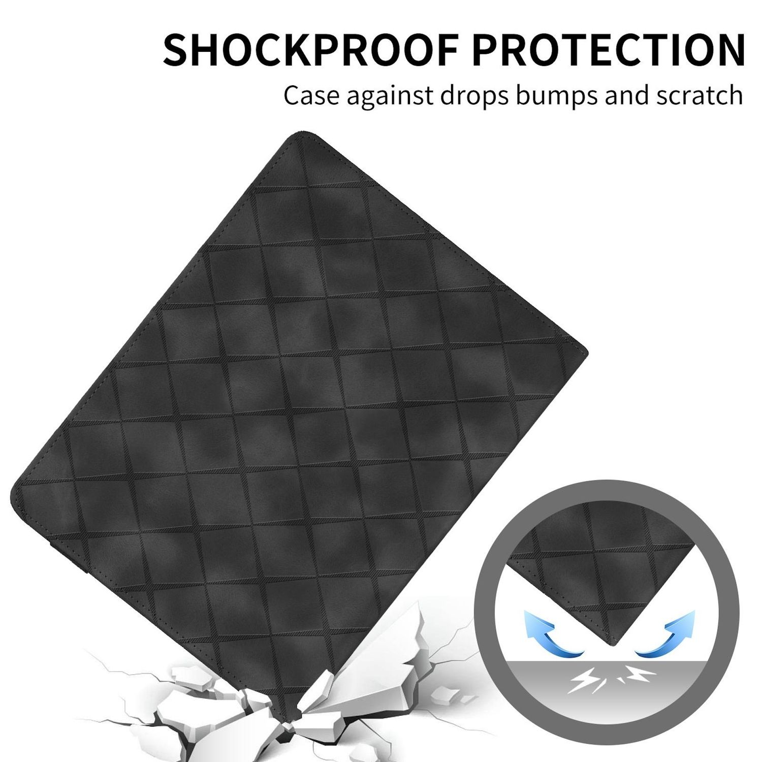 Funda negra para tableta con gráfico. Primer plano: funda. Fondo: superficie blanca.