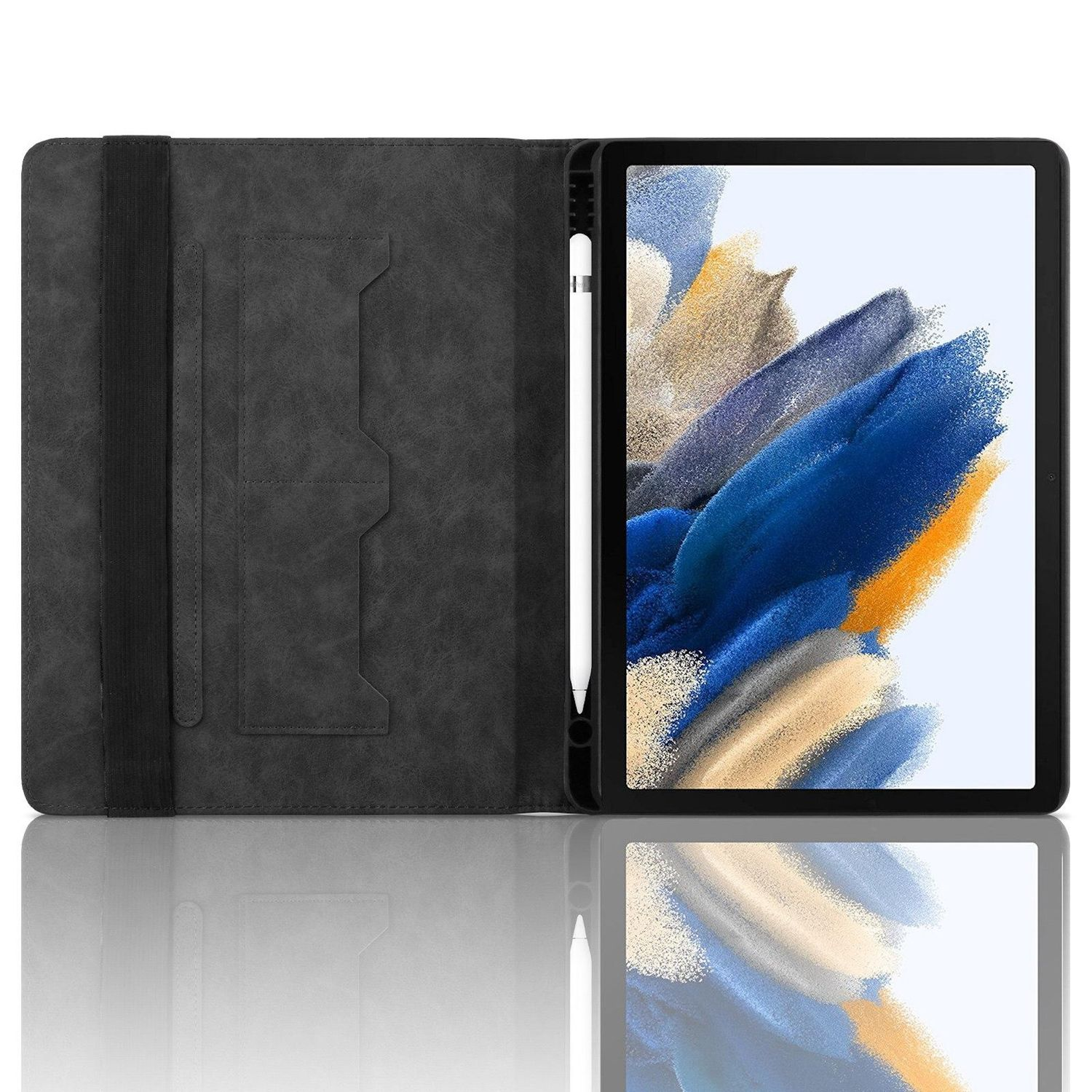 Funda para tableta con una tableta. Primer plano: tableta. Fondo: funda, superficie blanca.
