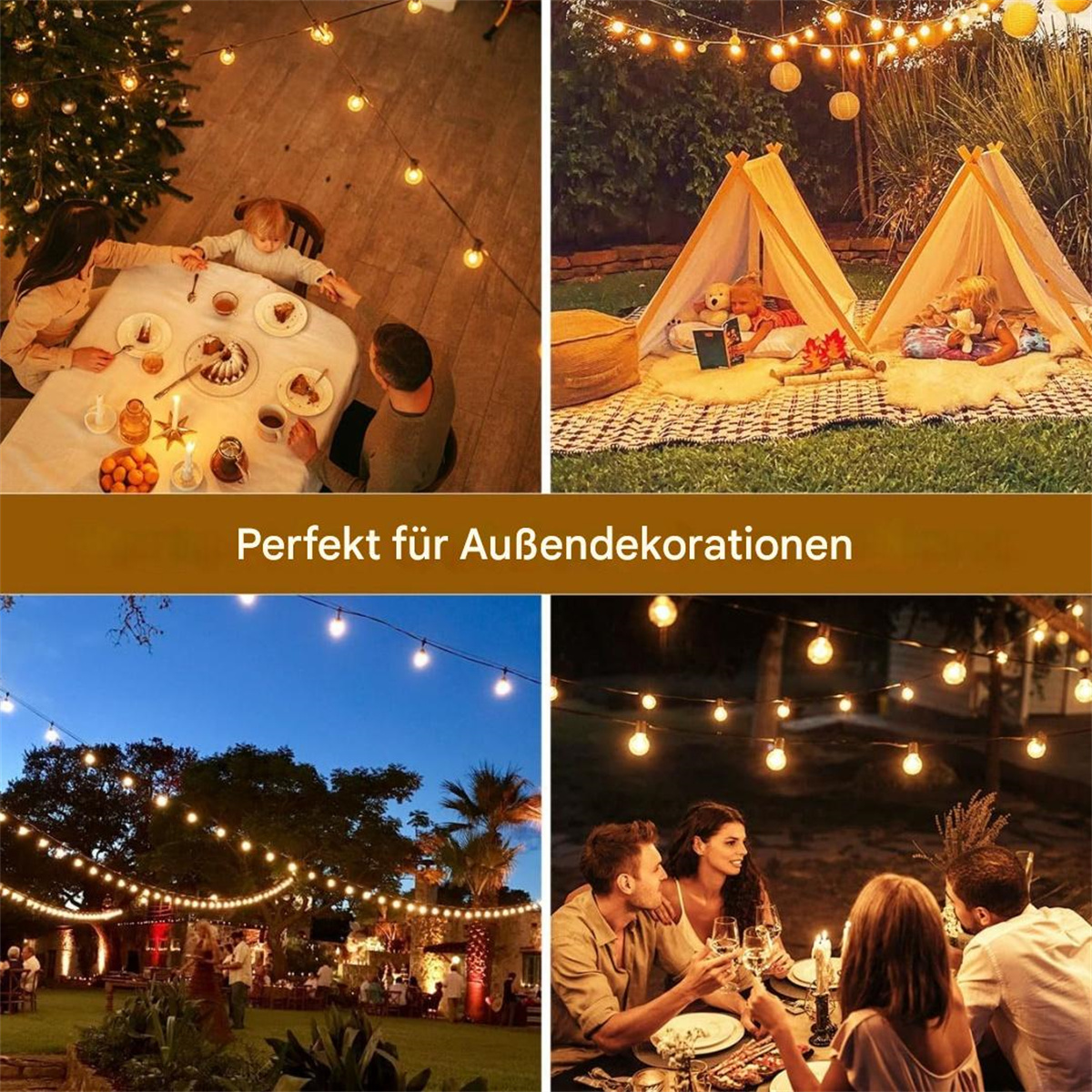 Szenen mit Lichterketten. Vordergrund: Lichter. Hintergrund: Menschen, Außenbereiche.