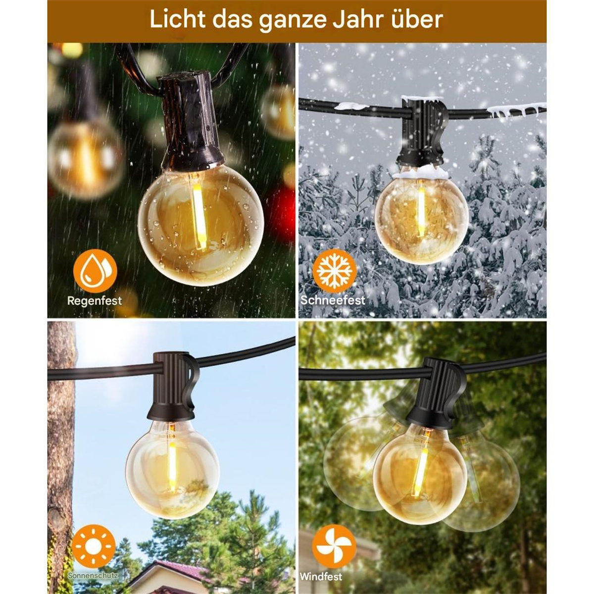 Lichterketten bei verschiedenen Wetterlagen. Vordergrund: Lichter. Hintergrund: Wetterszenen.