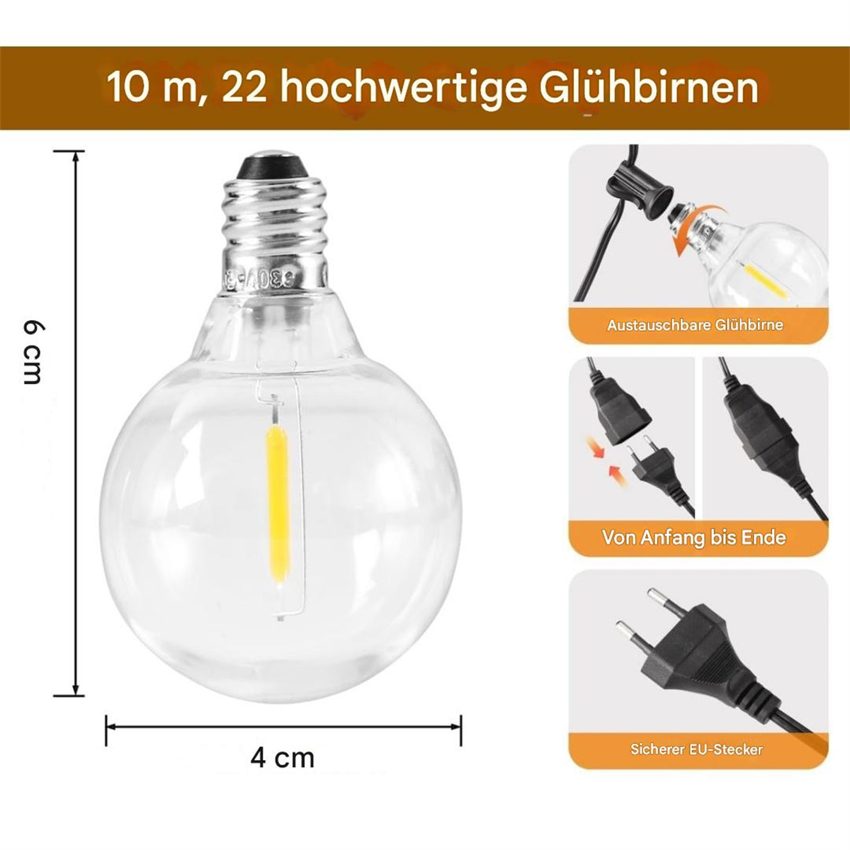 Eine Glühbirne mit Messungen und Diagrammen der Teile und wie man sie anschließt.