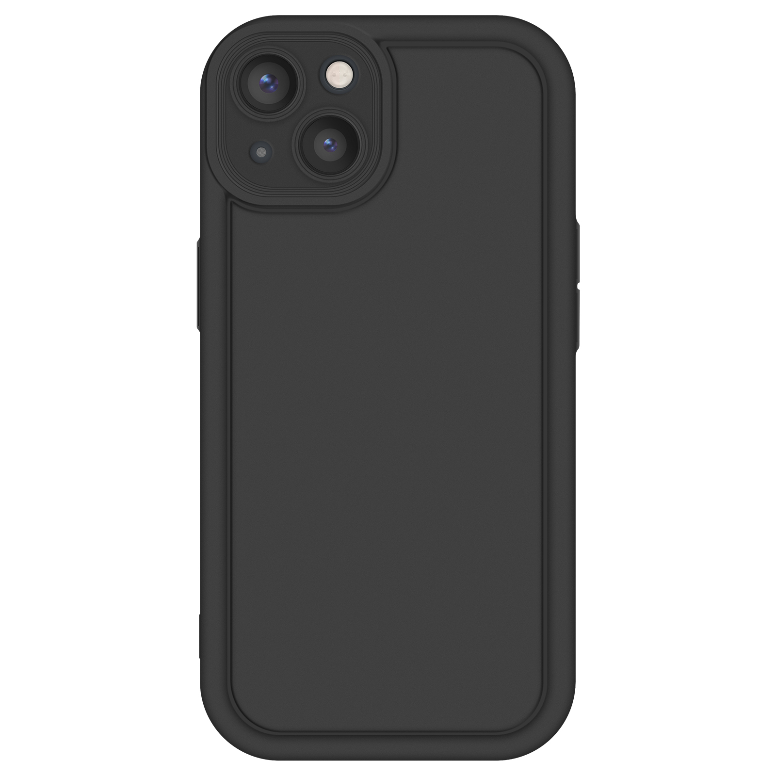Una custodia per telefono nera con un rigonfiamento per la fotocamera, che mostra le lenti della fotocamera, su sfondo bianco.