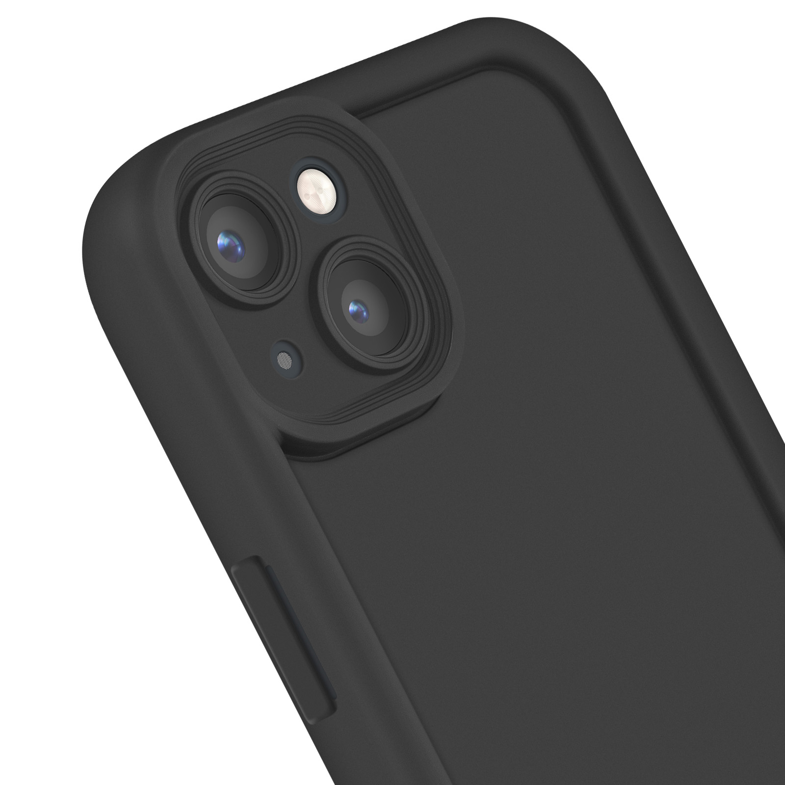 Primo piano di una custodia per telefono nera con tre lenti della fotocamera.