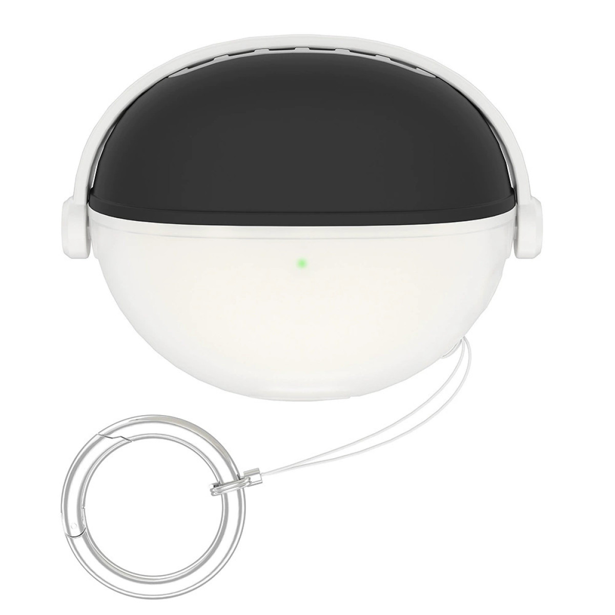 Weißes und schwarzes kugelförmiges Objekt mit Griff und silbernem Ring.