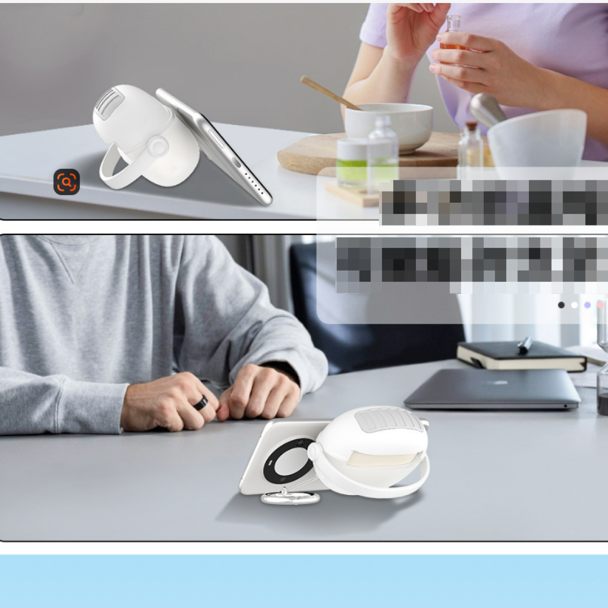 Zwei Telefone und ein Diffusor stehen auf einem Tisch. Eine Person ist im Hintergrund sichtbar.