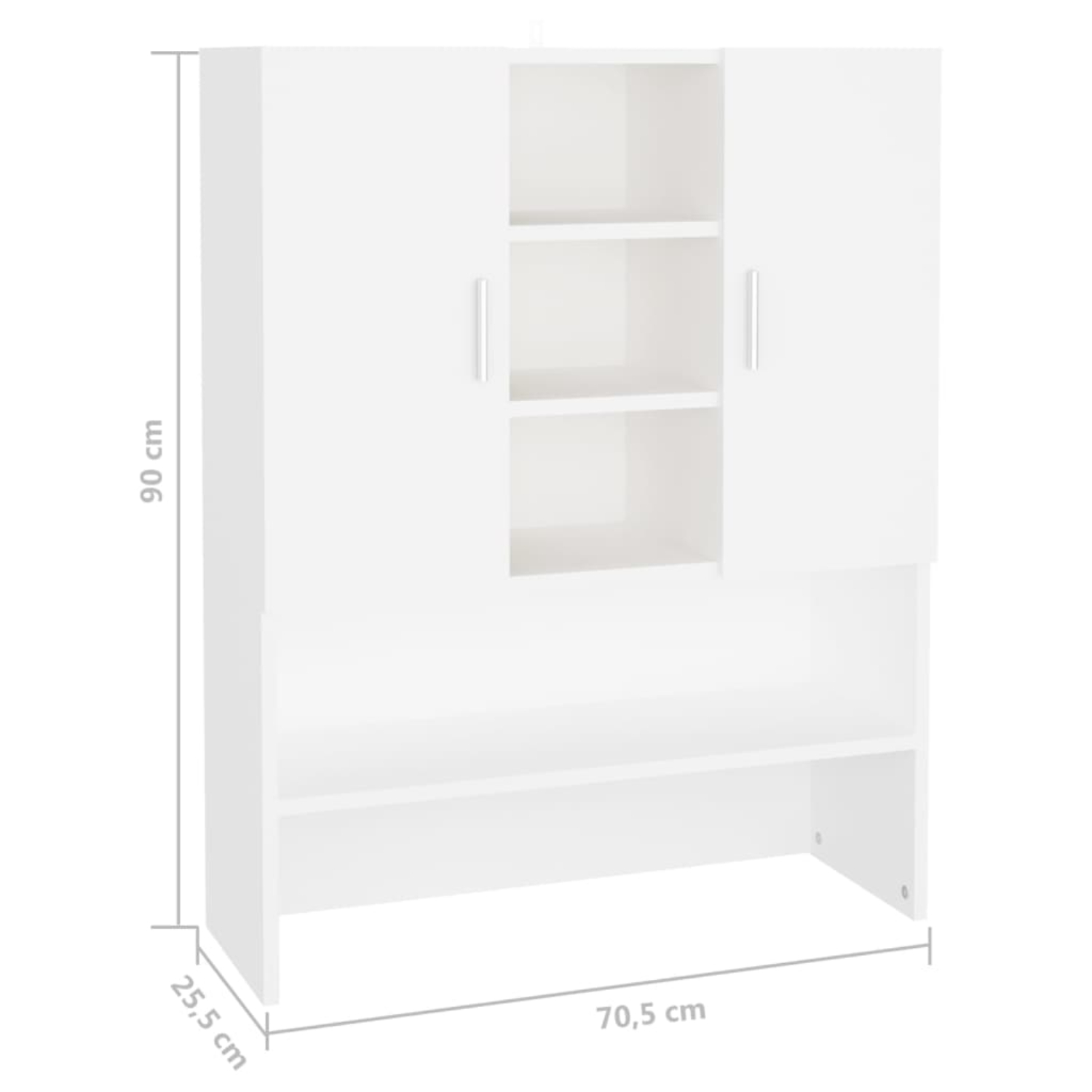 Ein weißer Schrank mit sichtbaren Abmessungen, der zeigt, dass er 90 cm hoch und 70,5 cm breit ist.