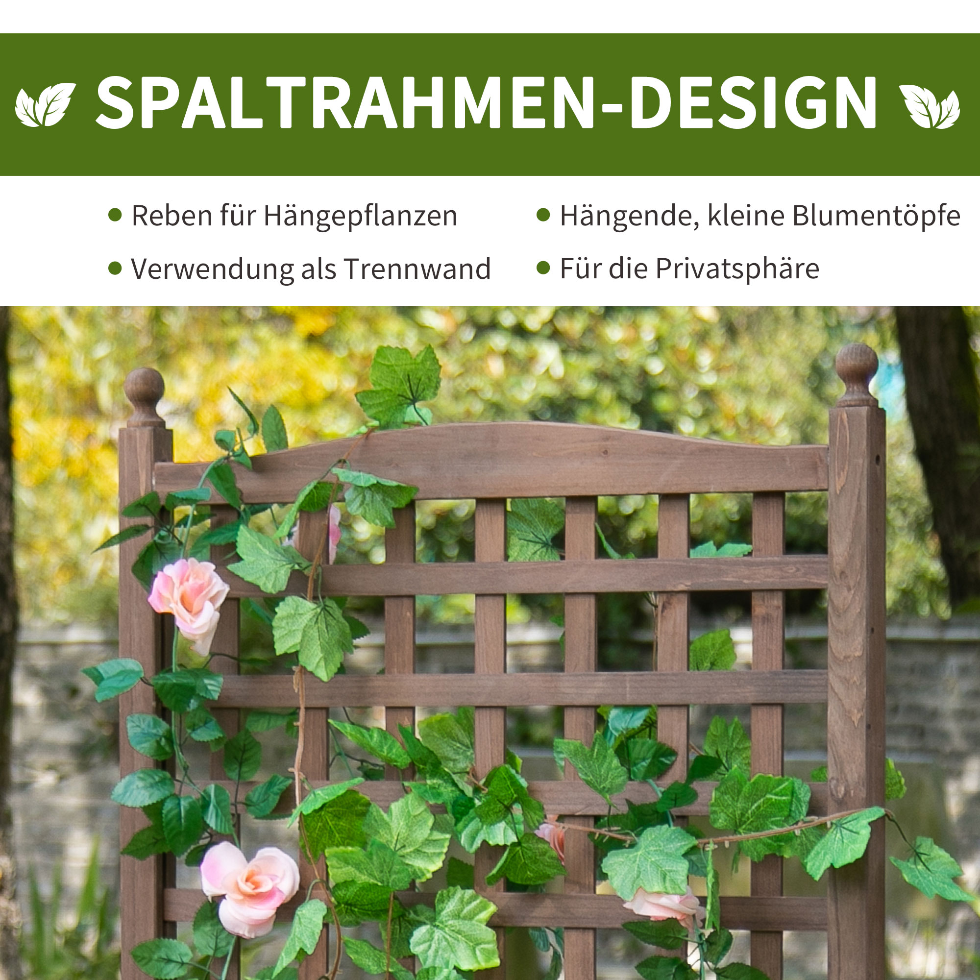 Ein hölzernes Spalier mit rosa Blumen und grünen Blättern, mit Text auf Deutsch.