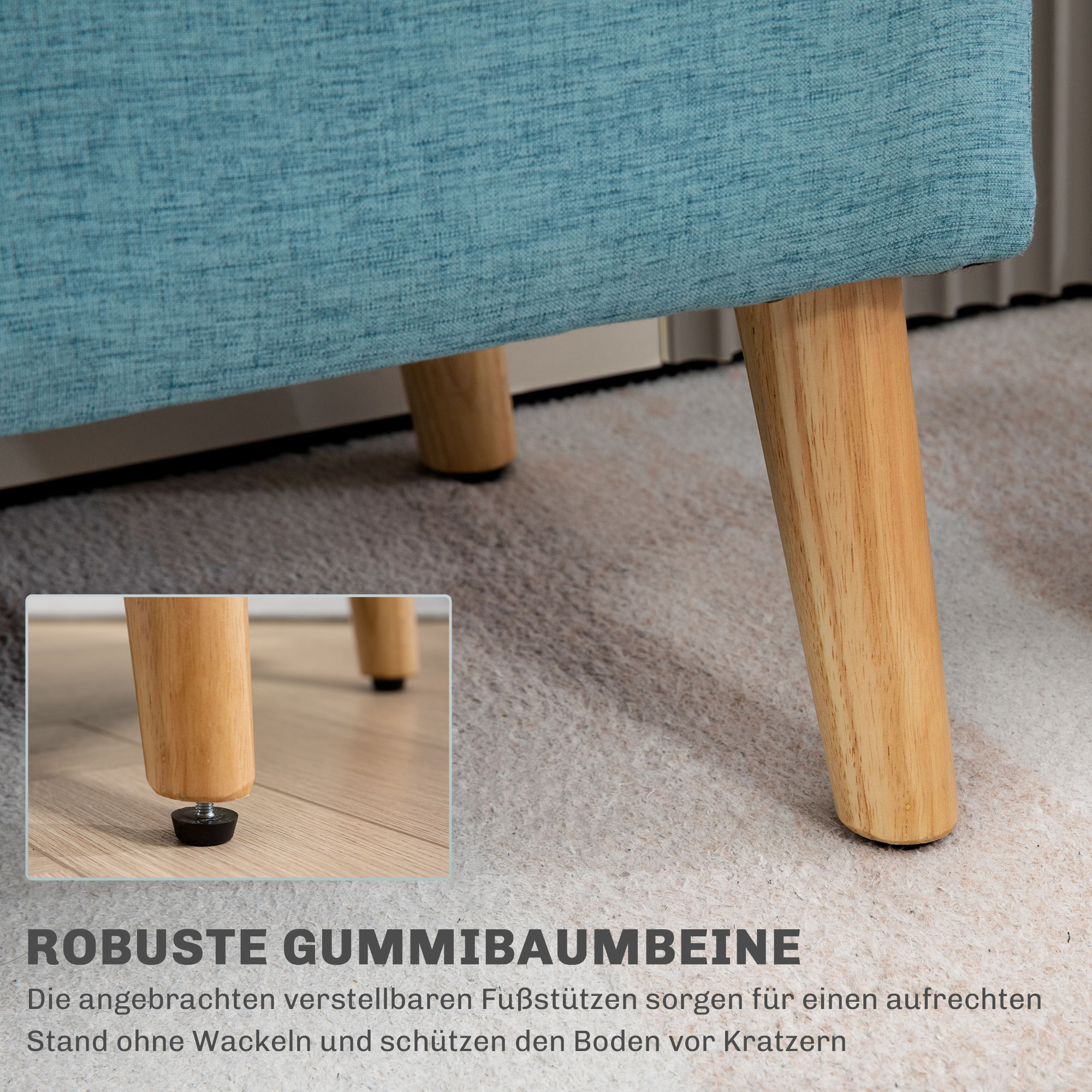 Nahaufnahme eines blauen Stoffsofabeiens. Holzbeine mit schwarzem Sockel und hellem Teppich.