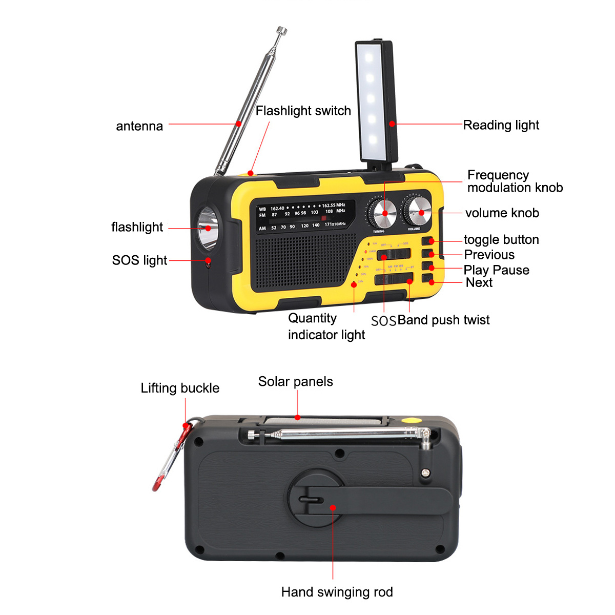 Gelb-schwarzes Radio mit Antenne, Taschenlampe und Solarzellen. Hat Knöpfe und Drehregler für verschiedene Funktionen.