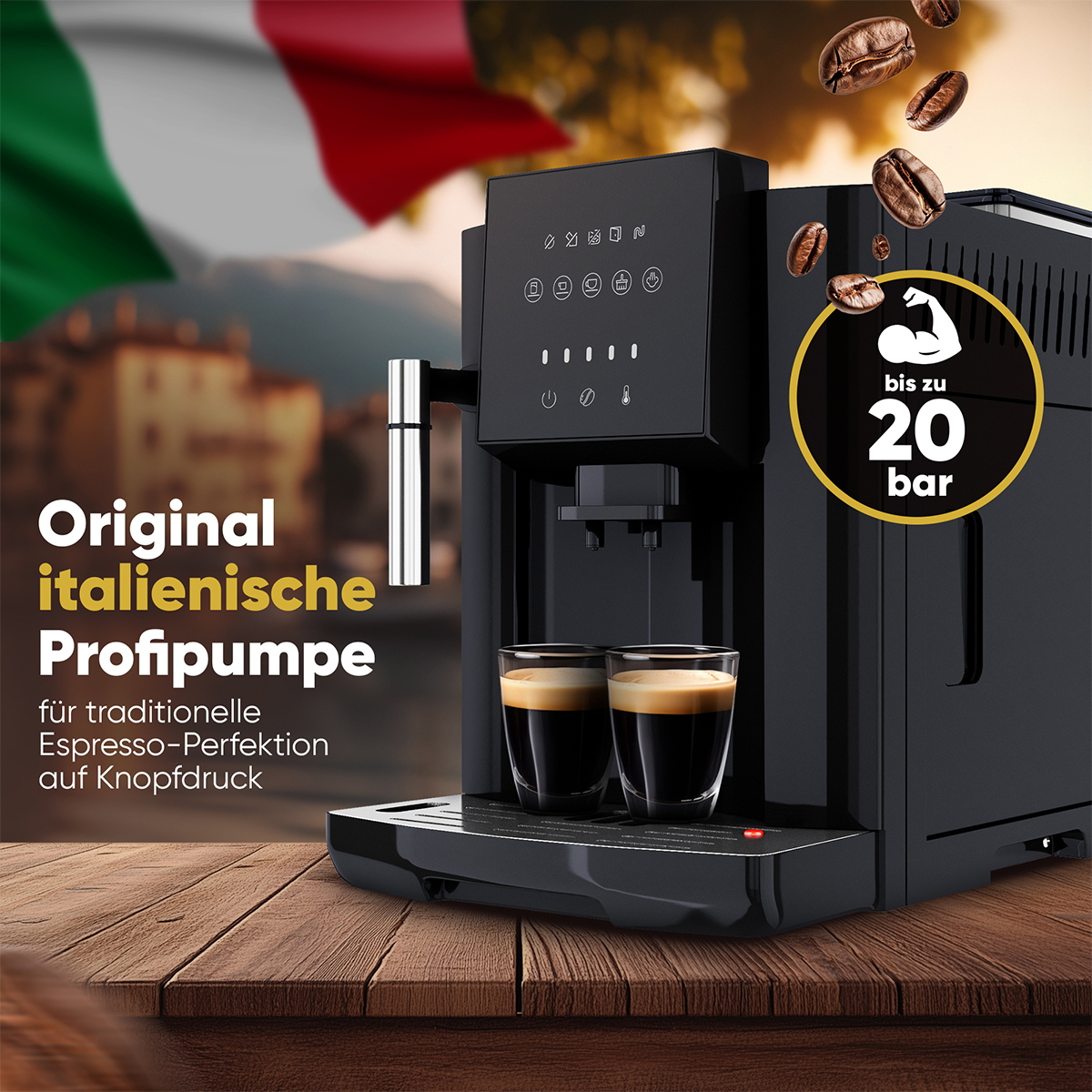 Macchina da caffè nera con due tazze di caffè, con la bandiera italiana sullo sfondo.