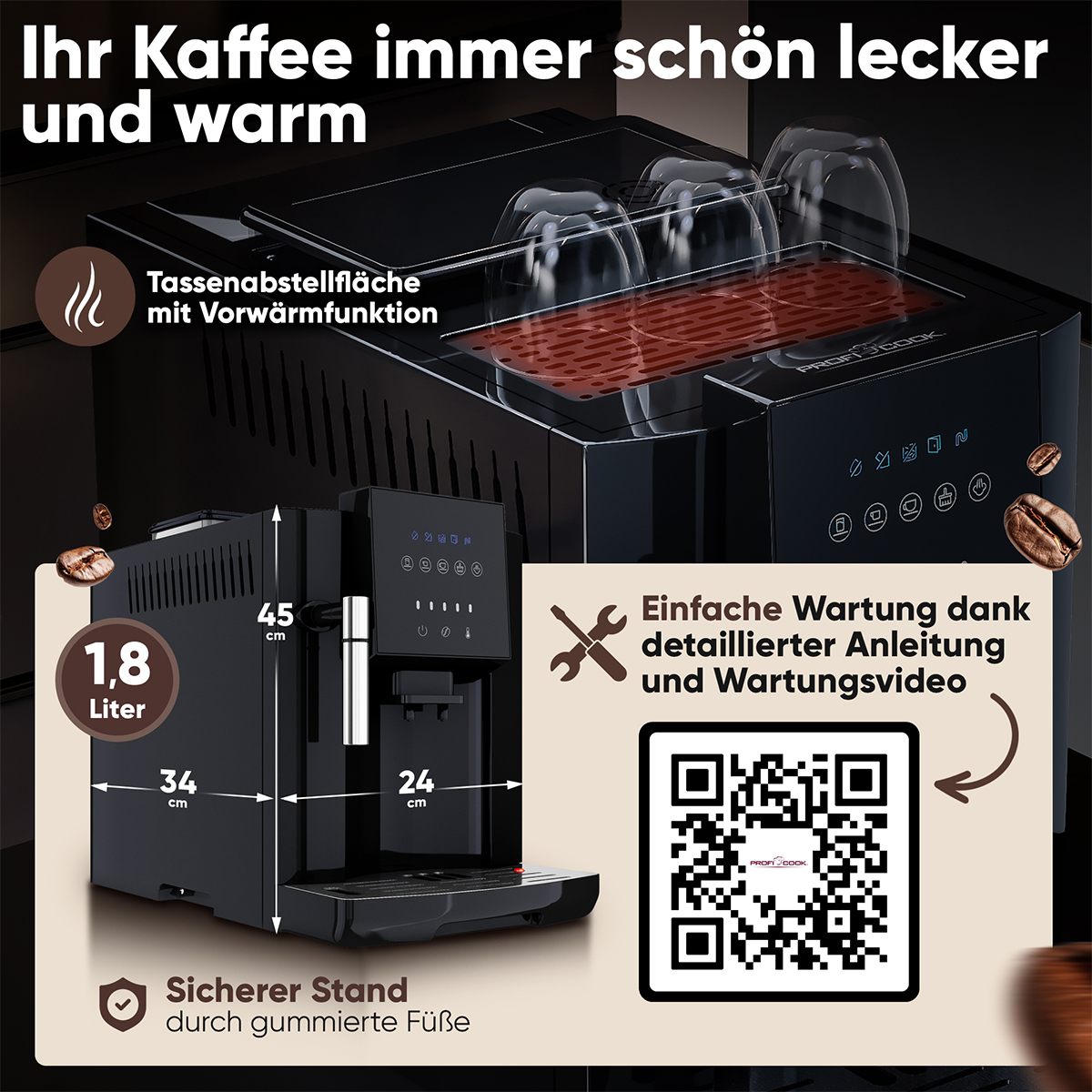 Macchina per espresso nera con etichette di testo, chicchi di caffè e un codice QR su sfondo bianco.