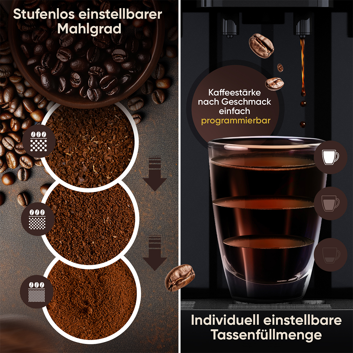 Diagramma della macchina da caffè. Chicchi, fondi e un bicchiere con livelli di caffè.