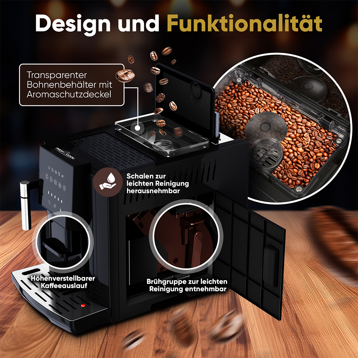 Macchina da caffè con chicchi di caffè, con le caratteristiche evidenziate.