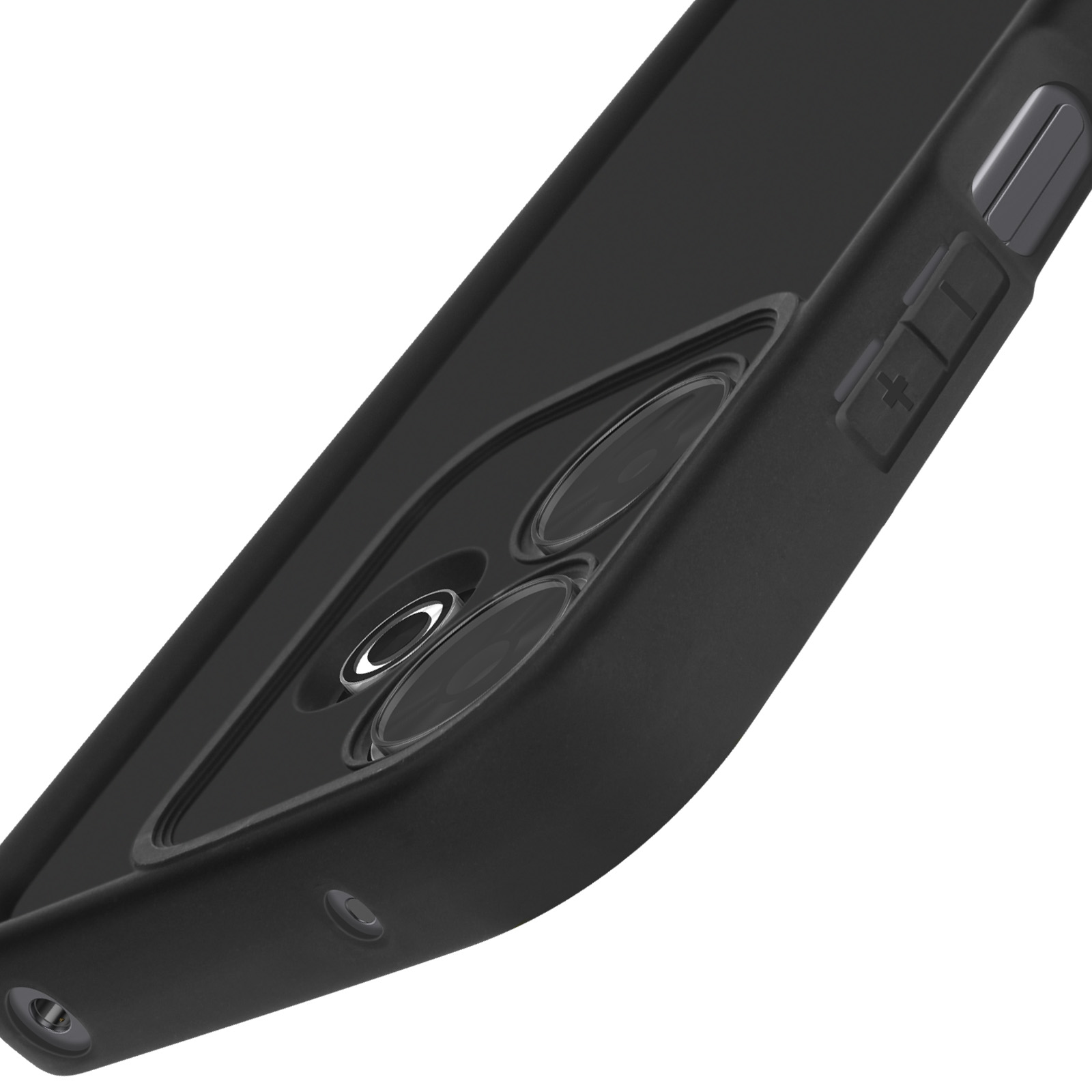 Custodia per telefono nera che mostra uno schermo del telefono e tre obiettivi della fotocamera.