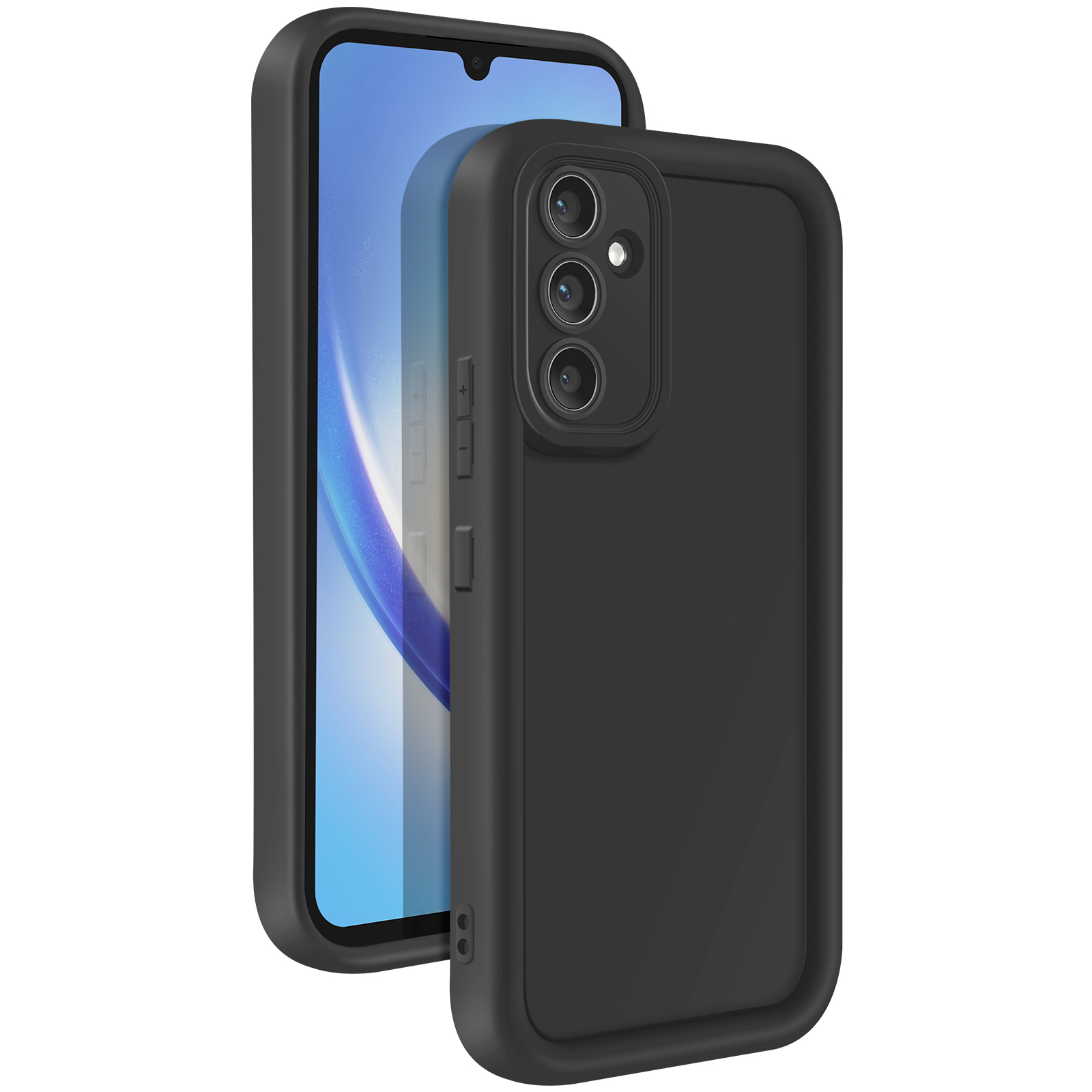 Custodia nera per telefono con un telefono all'interno. Il telefono ha uno schermo e una tripla fotocamera.