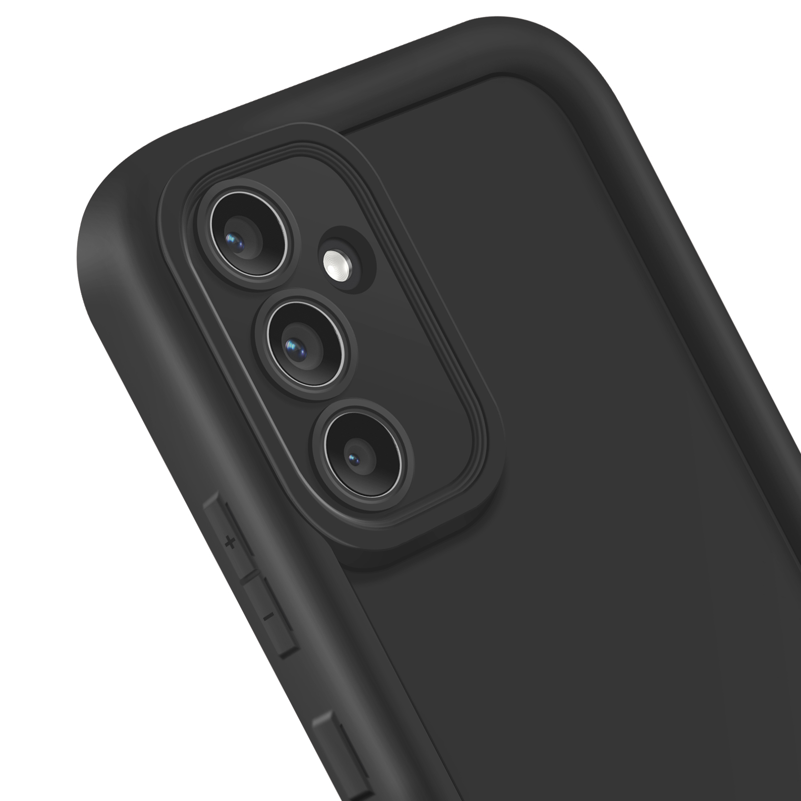 Un primo piano di una custodia nera per telefono con tre lenti della fotocamera.