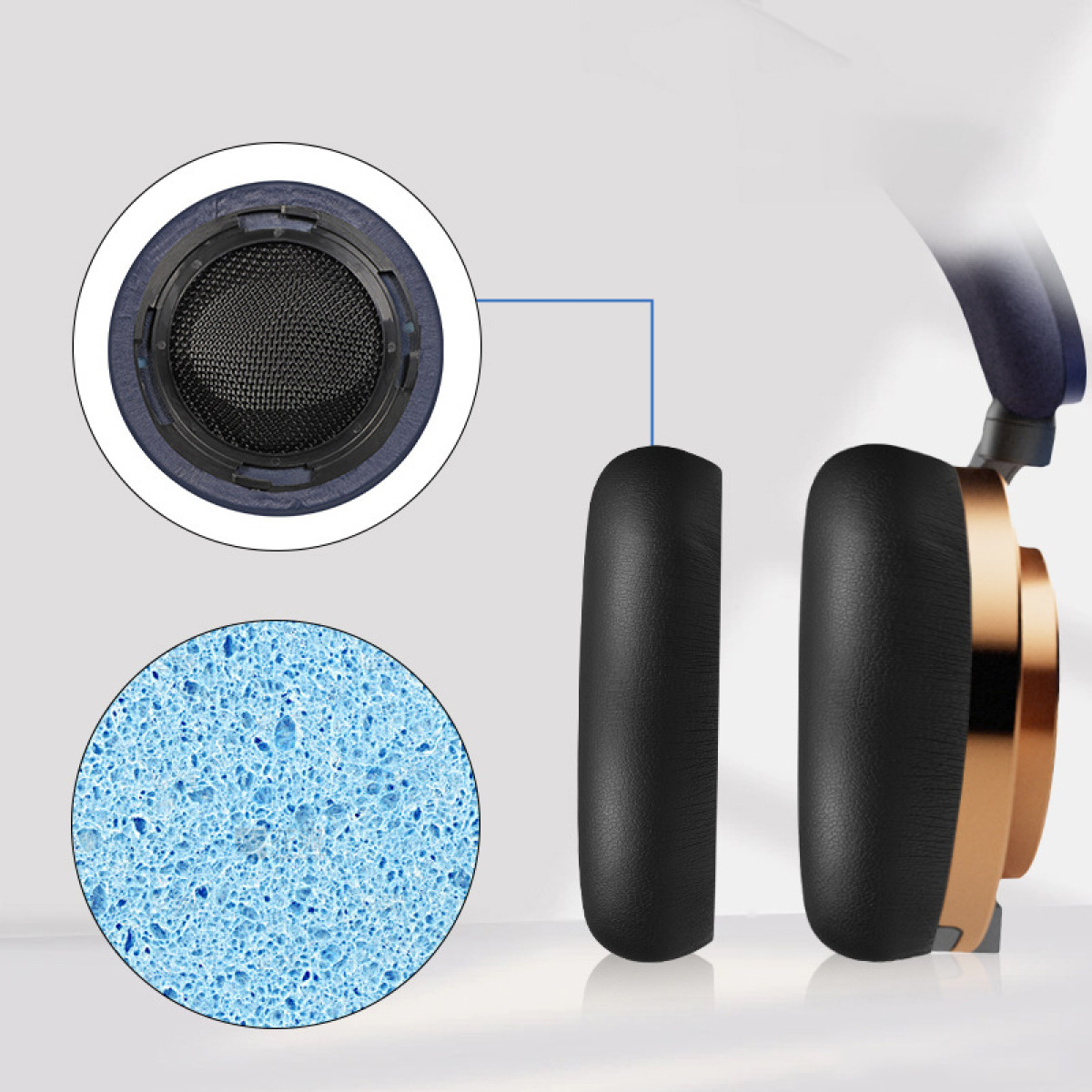 Hoofdtelefoon met een zwart oorkussen en gouden accenten. Close-up met sponsdetails.