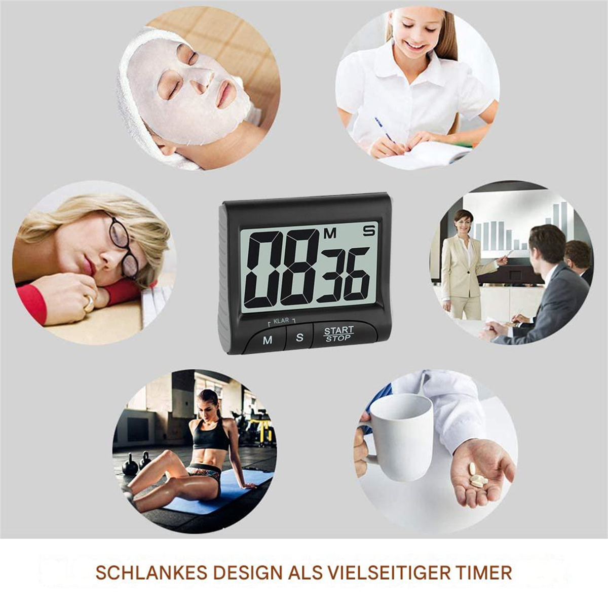 Timer mit '08:36'-Anzeige. Verschiedene Aktivitäten drumherum: Gesichtsmaske, Schreiben, Meeting, Sport.