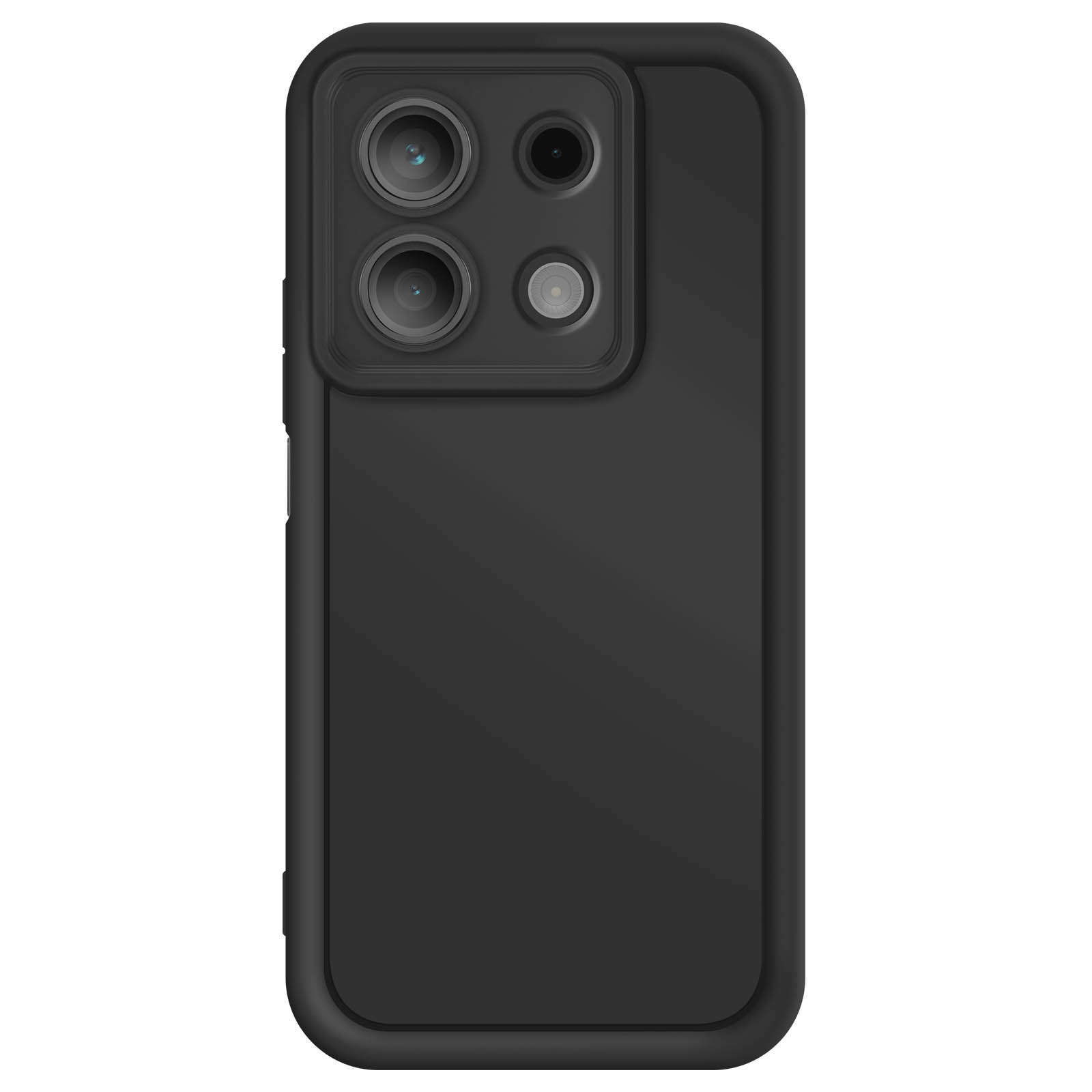Custodia per telefono nera con 4 obiettivi della fotocamera. Il retro del telefono è nero.