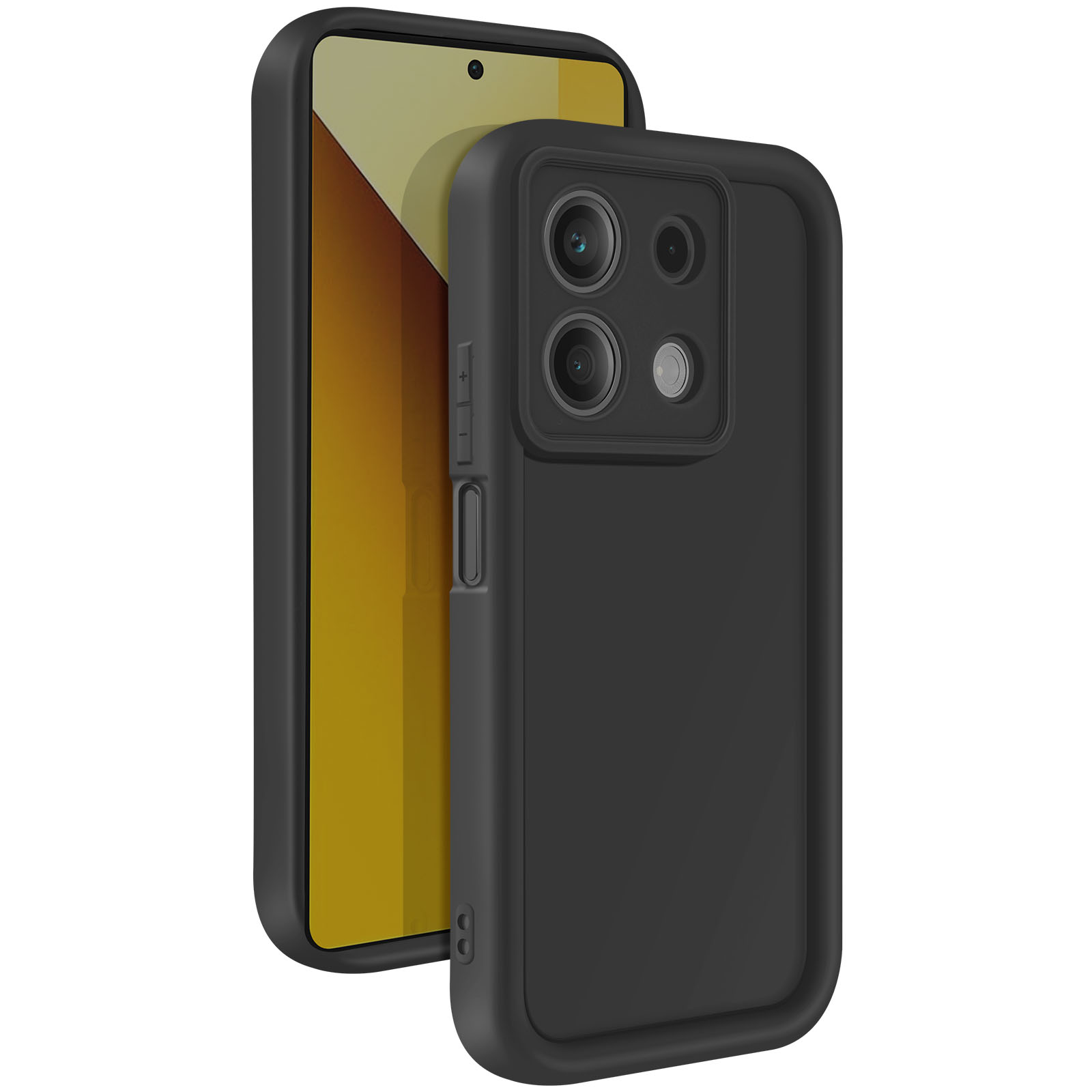 Custodia nera per telefono con un telefono. Il telefono ha uno sfondo giallo e tre obiettivi.