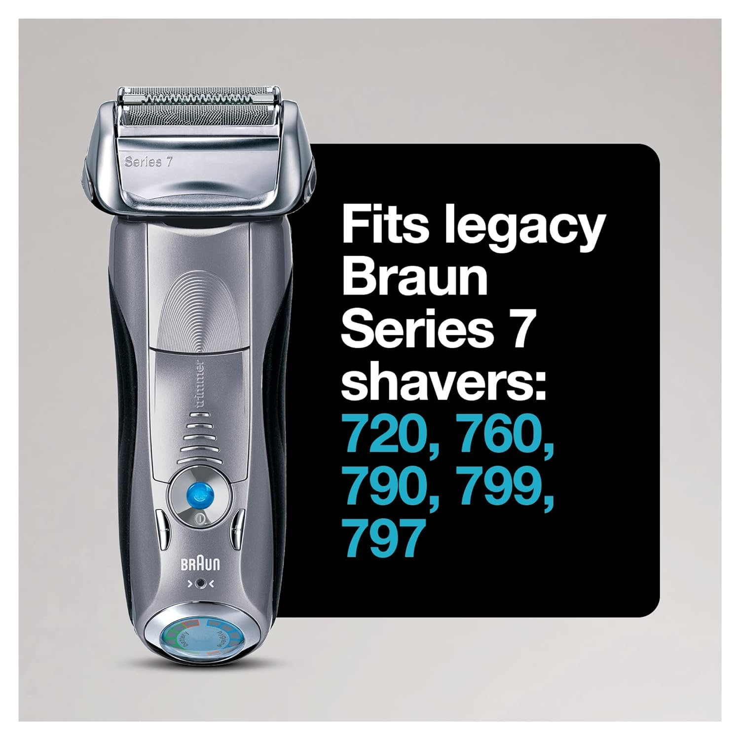 Braun Series 7 Rasierer, silber und schwarz, Text auf schwarzem Hintergrund.
