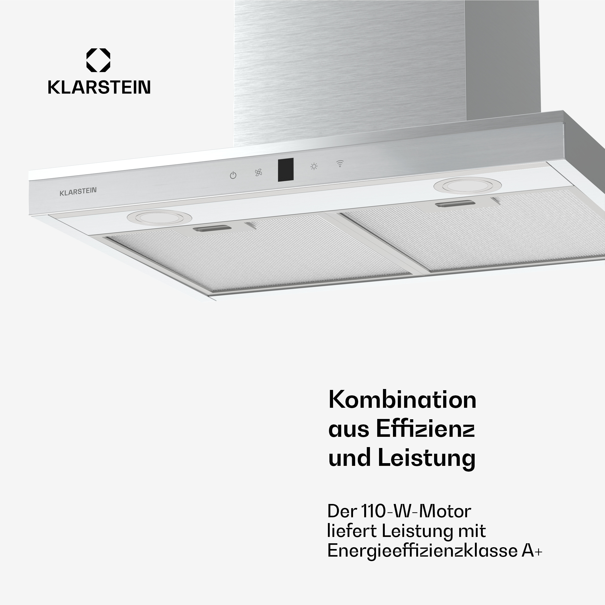 Campana extractora blanca Klarstein con luces y controles. Texto promueve eficiencia y rendimiento.