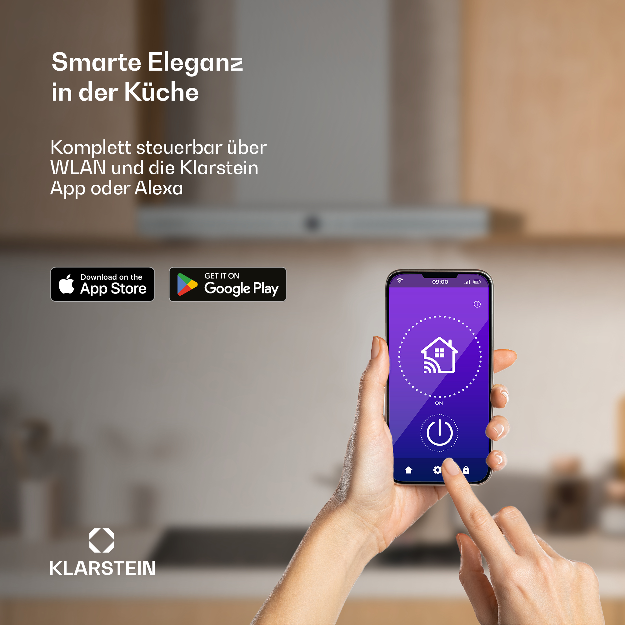 Una mano que sostiene un teléfono inteligente, que muestra una interfaz de aplicación para el control de electrodomésticos de cocina.