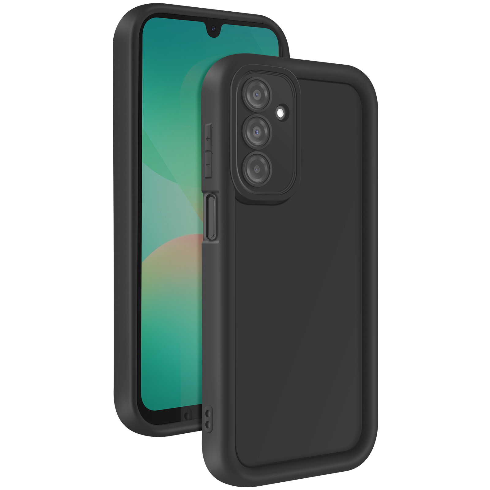 Custodia nera per telefono con telefono nero all'interno. Il telefono ha uno schermo e un modulo fotocamera.