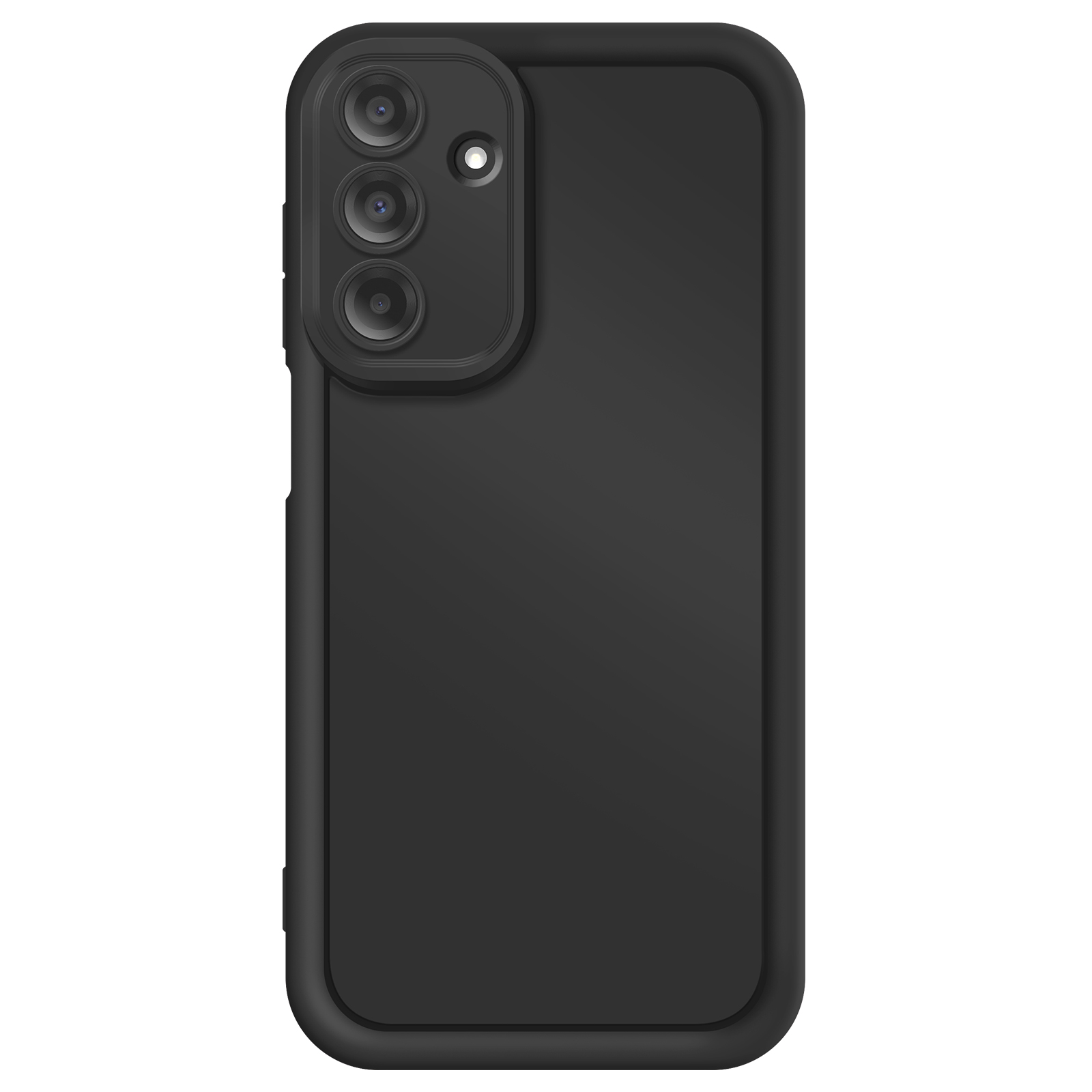 Custodia nera per telefono con tre obiettivi della fotocamera, vista posteriore.